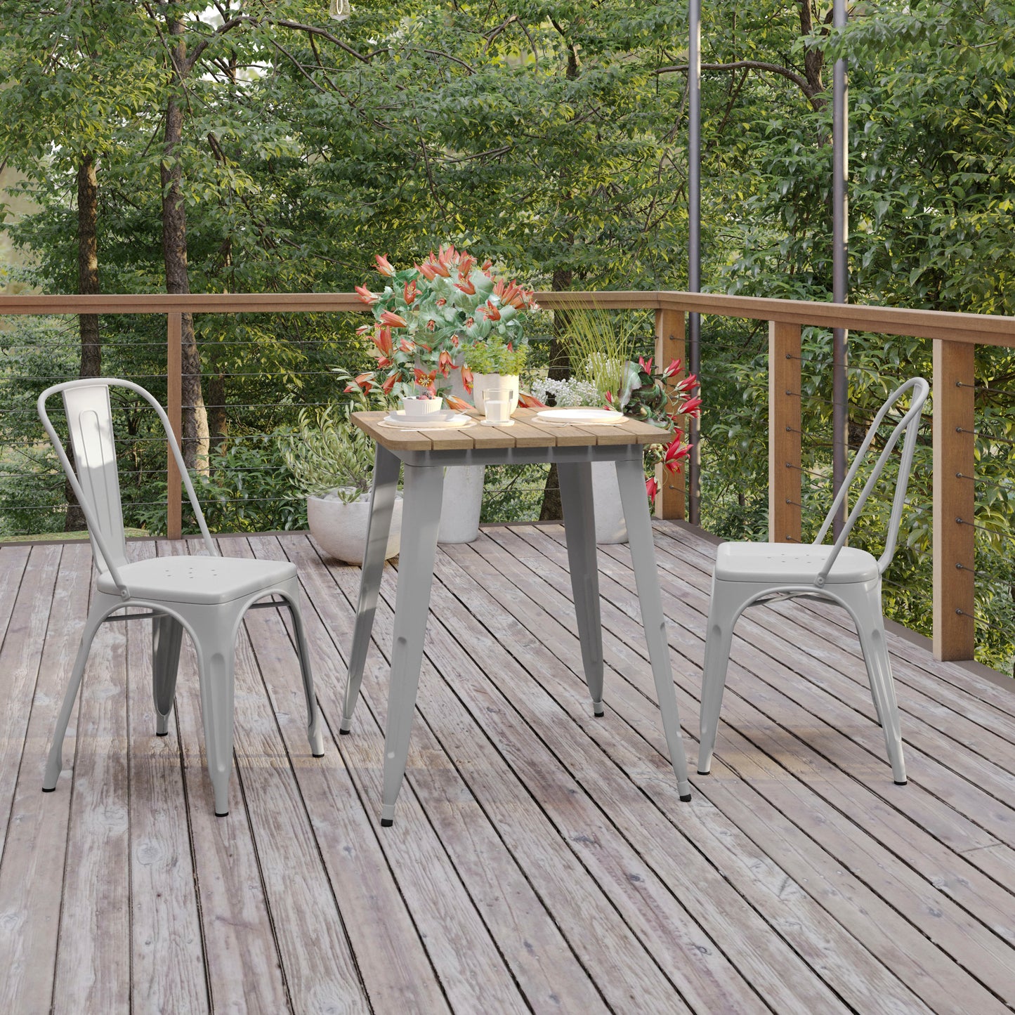 Declan Commercial Grade Indoor/Outdoor Dining Table, 23.75" Square All Weather Brown Poly Resin Top with Silver Steel Base Brown Top/Silver Frame