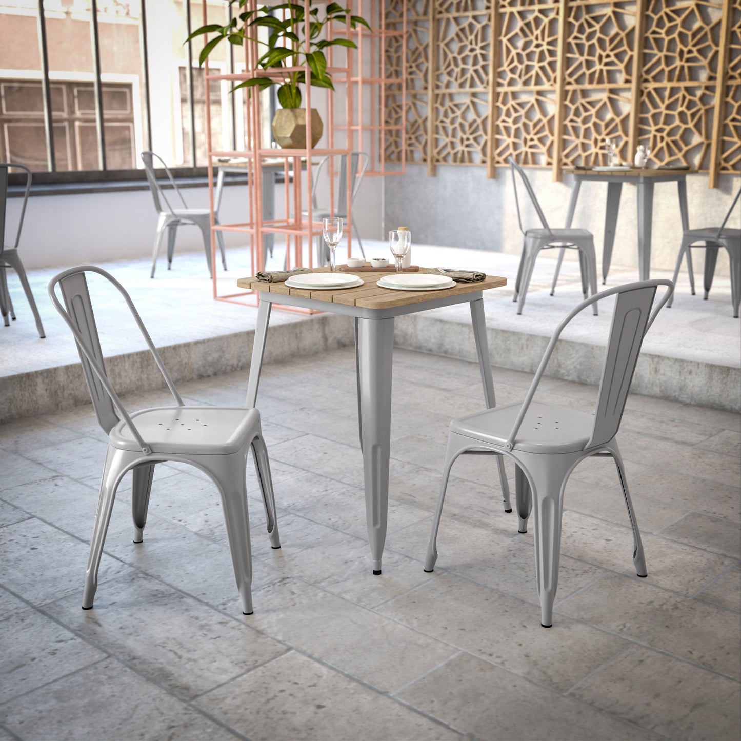 Declan Commercial Grade Indoor/Outdoor Dining Table, 23.75" Square All Weather Brown Poly Resin Top with Silver Steel Base Brown Top/Silver Frame