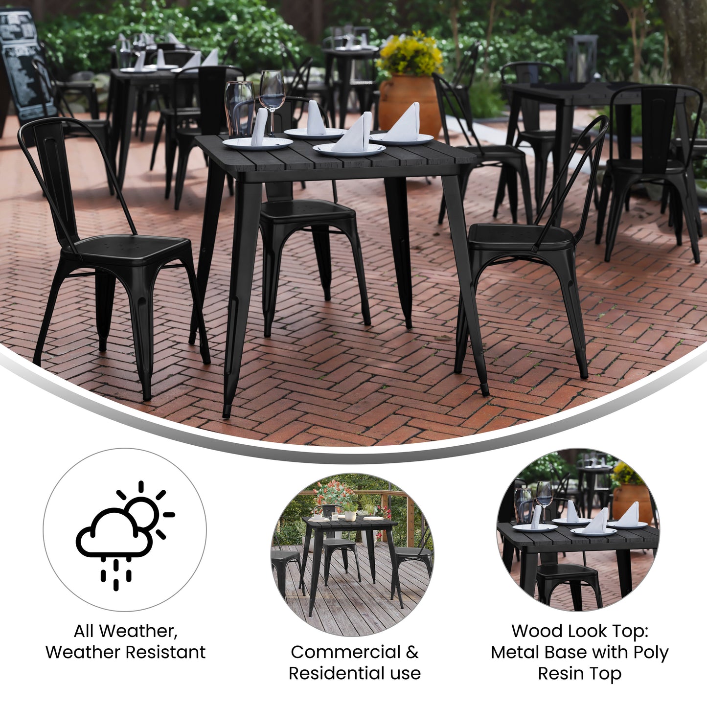 Declan Commercial Grade Indoor/Outdoor Dining Table, 31.5" Square All Weather Black Poly Resin Top with Black Steel Base Black Top/Black Frame