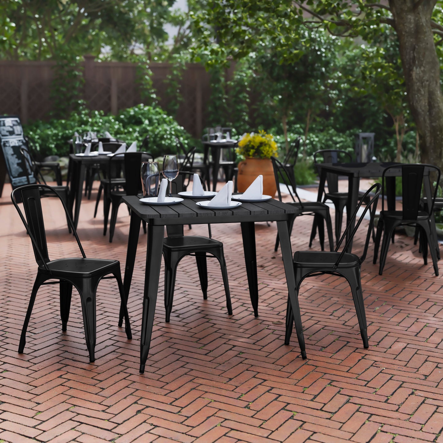 Declan Commercial Grade Indoor/Outdoor Dining Table, 31.5" Square All Weather Black Poly Resin Top with Black Steel Base Black Top/Black Frame