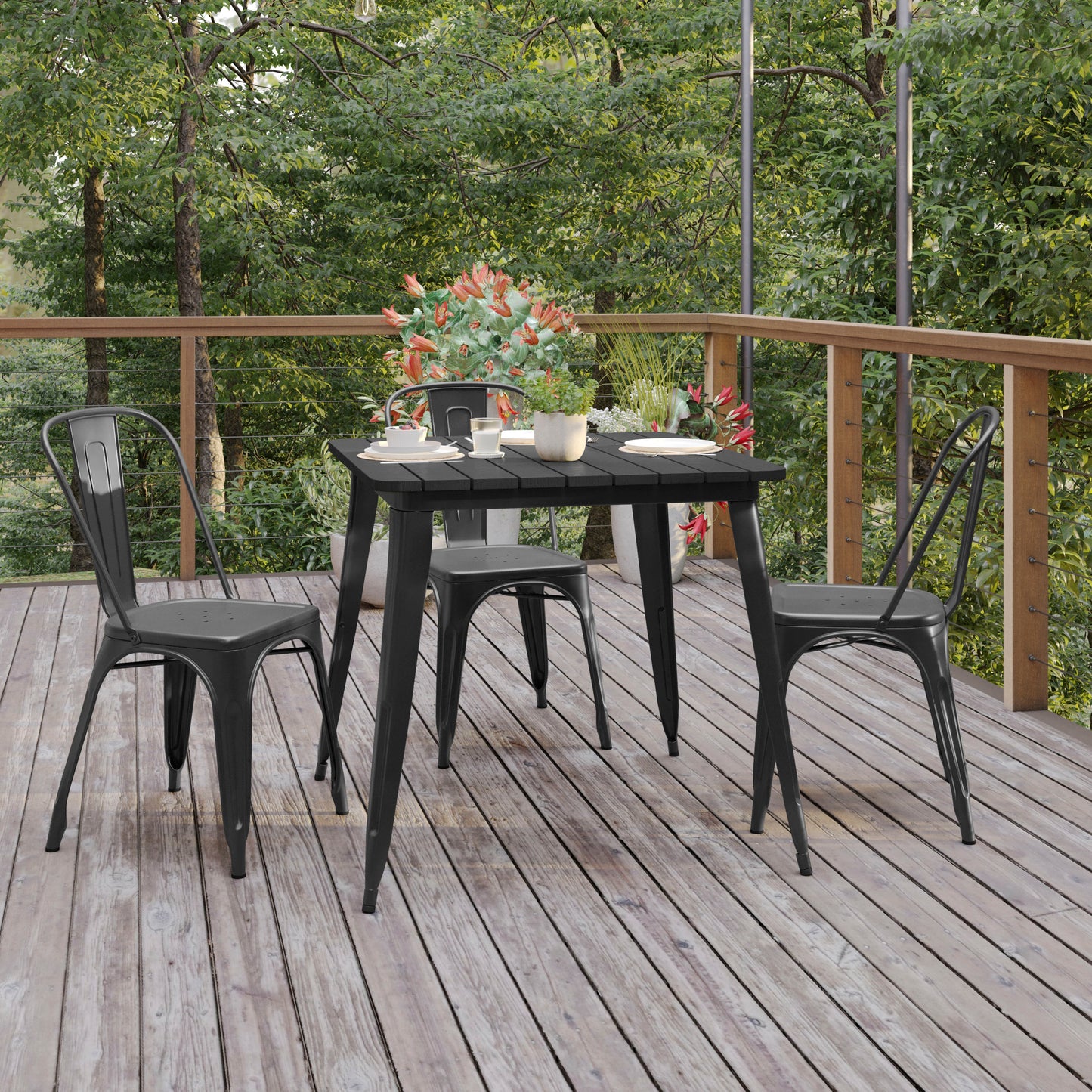 Declan Commercial Grade Indoor/Outdoor Dining Table, 31.5" Square All Weather Black Poly Resin Top with Black Steel Base Black Top/Black Frame