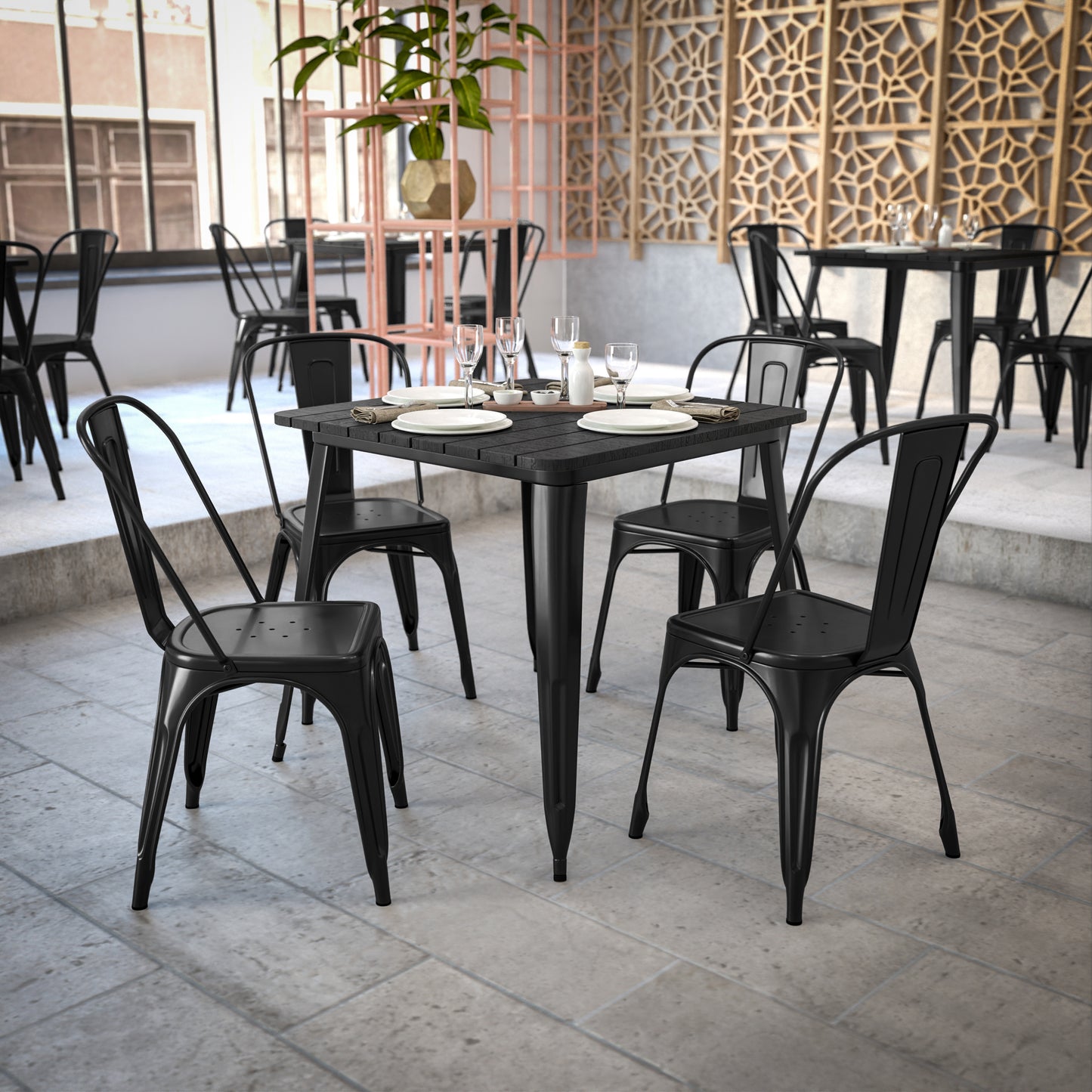 Declan Commercial Grade Indoor/Outdoor Dining Table, 31.5" Square All Weather Black Poly Resin Top with Black Steel Base Black Top/Black Frame