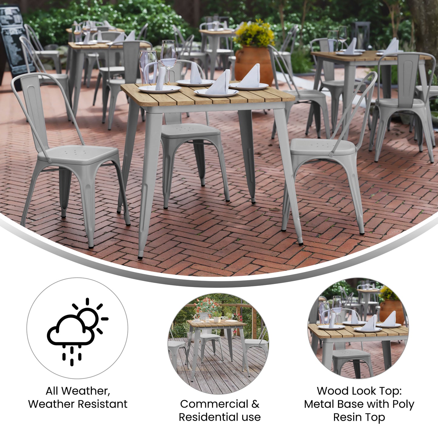 Declan Commercial Grade Indoor/Outdoor Dining Table, 31.5" Square All Weather Brown Poly Resin Top with Silver Steel Base Brown Top/Silver Frame JJ-T14619-80-BRSL-GG