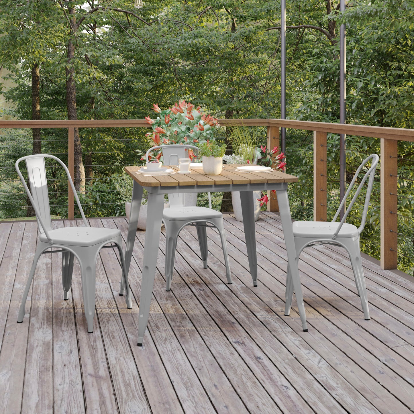 Declan Commercial Grade Indoor/Outdoor Dining Table, 31.5" Square All Weather Brown Poly Resin Top with Silver Steel Base Brown Top/Silver Frame JJ-T14619-80-BRSL-GG