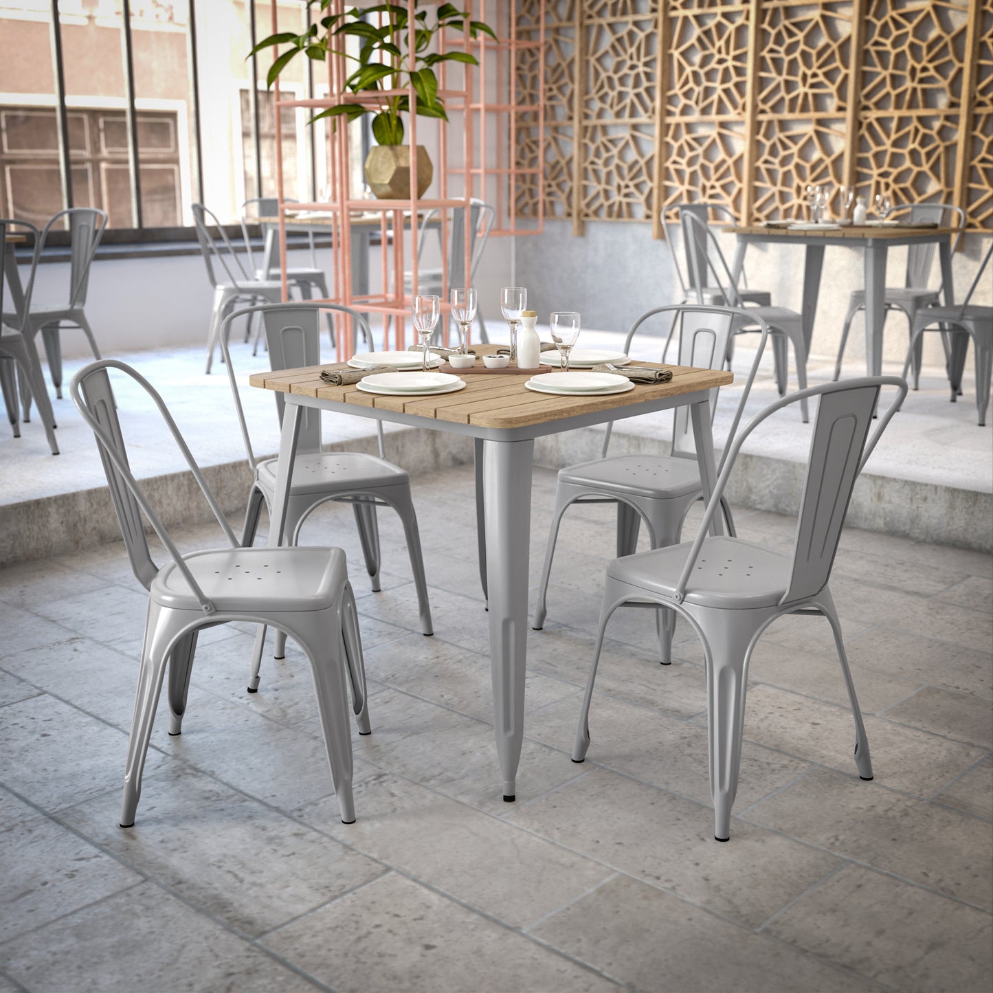 Declan Commercial Grade Indoor/Outdoor Dining Table, 31.5" Square All Weather Brown Poly Resin Top with Silver Steel Base Brown Top/Silver Frame JJ-T14619-80-BRSL-GG