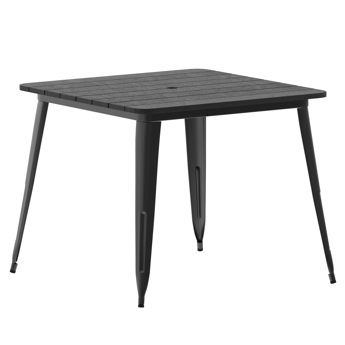 Declan Commercial Indoor/Outdoor Dining Table with Umbrella Hole, 36" Square All Weather Black Poly Resin Top and Black Steel Base Black Top/Black Frame JJ-T14619-90-BKBK-GG