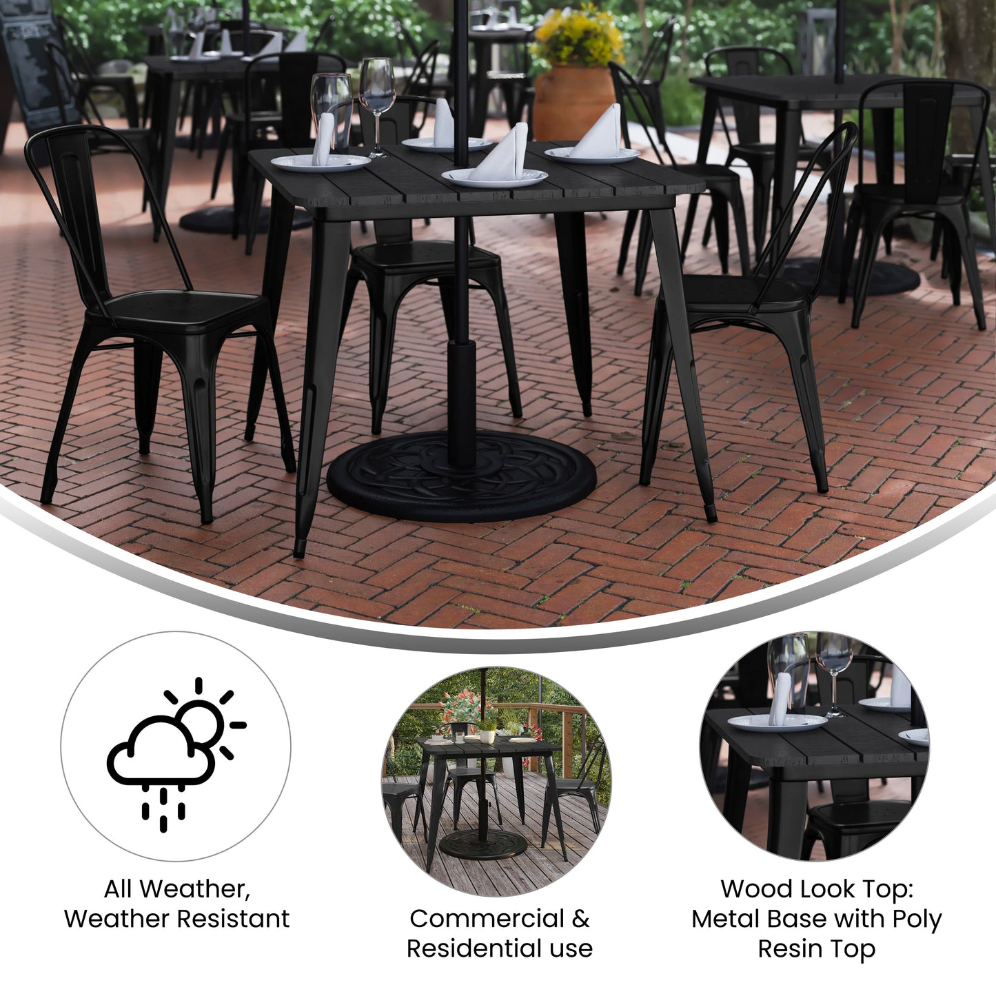 Declan Commercial Indoor/Outdoor Dining Table with Umbrella Hole, 36" Square All Weather Black Poly Resin Top and Black Steel Base Black Top/Black Frame JJ-T14619-90-BKBK-GG