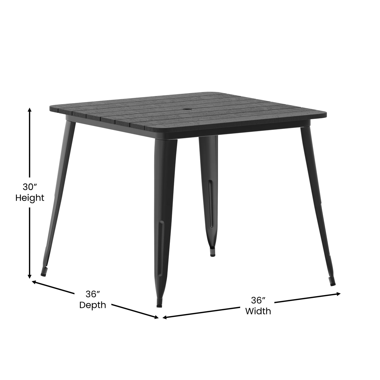 Declan Commercial Indoor/Outdoor Dining Table with Umbrella Hole, 36" Square All Weather Black Poly Resin Top and Black Steel Base Black Top/Black Frame JJ-T14619-90-BKBK-GG