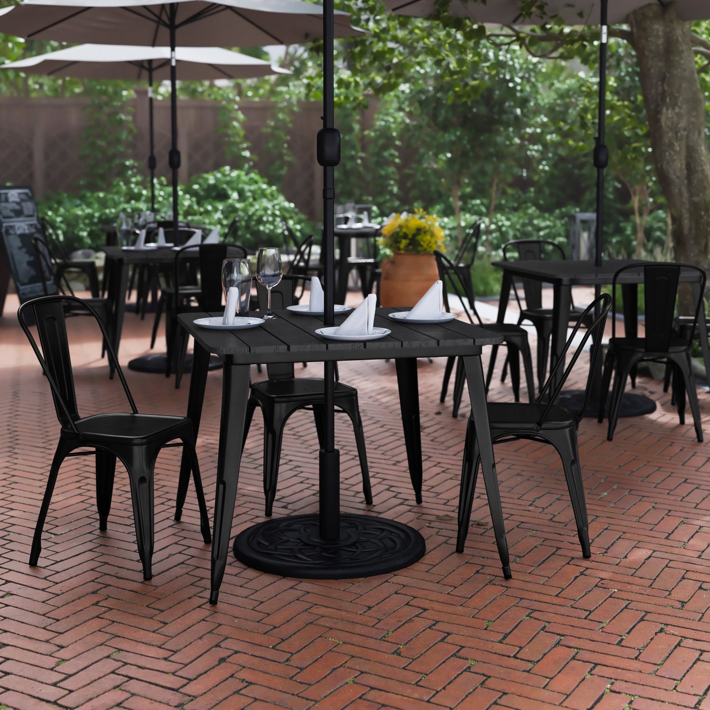 Declan Commercial Indoor/Outdoor Dining Table with Umbrella Hole, 36" Square All Weather Black Poly Resin Top and Black Steel Base Black Top/Black Frame JJ-T14619-90-BKBK-GG