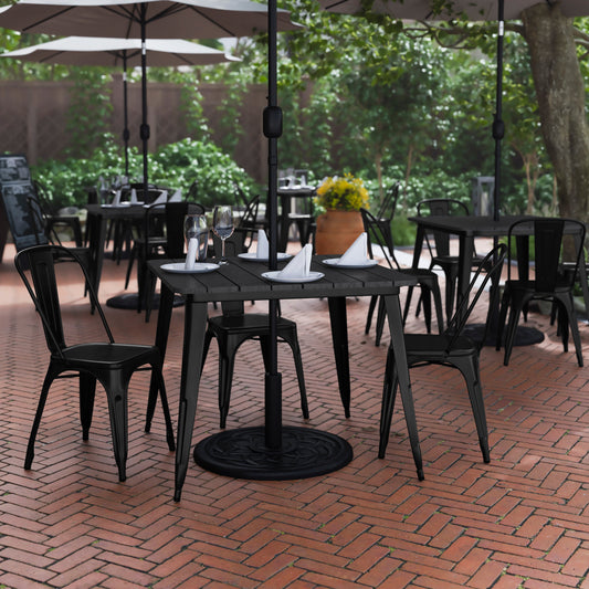 Declan Commercial Indoor/Outdoor Dining Table with Umbrella Hole, 36" Square All Weather Black Poly Resin Top and Black Steel Base Black Top/Black Frame JJ-T14619-90-BKBK-GG