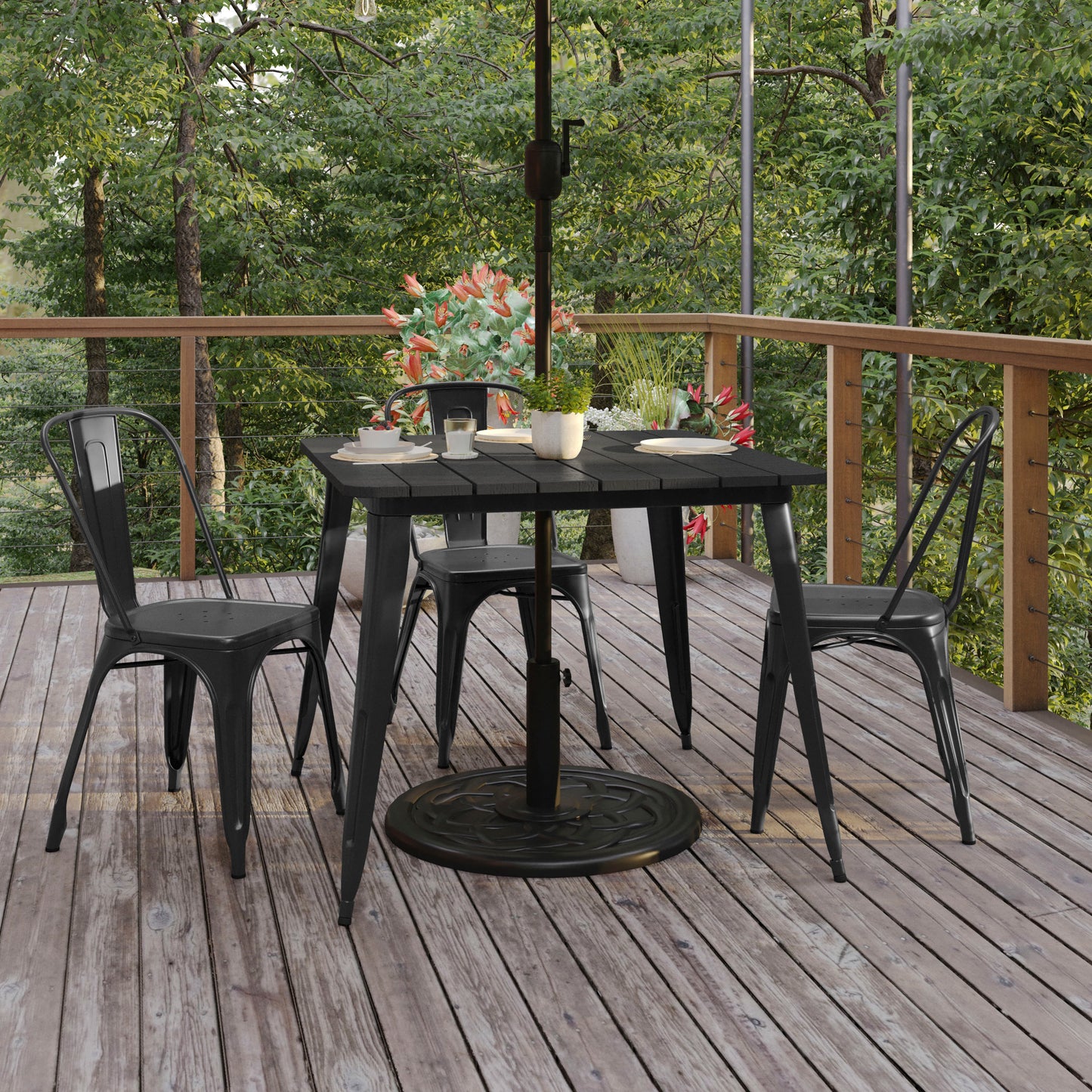 Declan Commercial Indoor/Outdoor Dining Table with Umbrella Hole, 36" Square All Weather Black Poly Resin Top and Black Steel Base Black Top/Black Frame JJ-T14619-90-BKBK-GG
