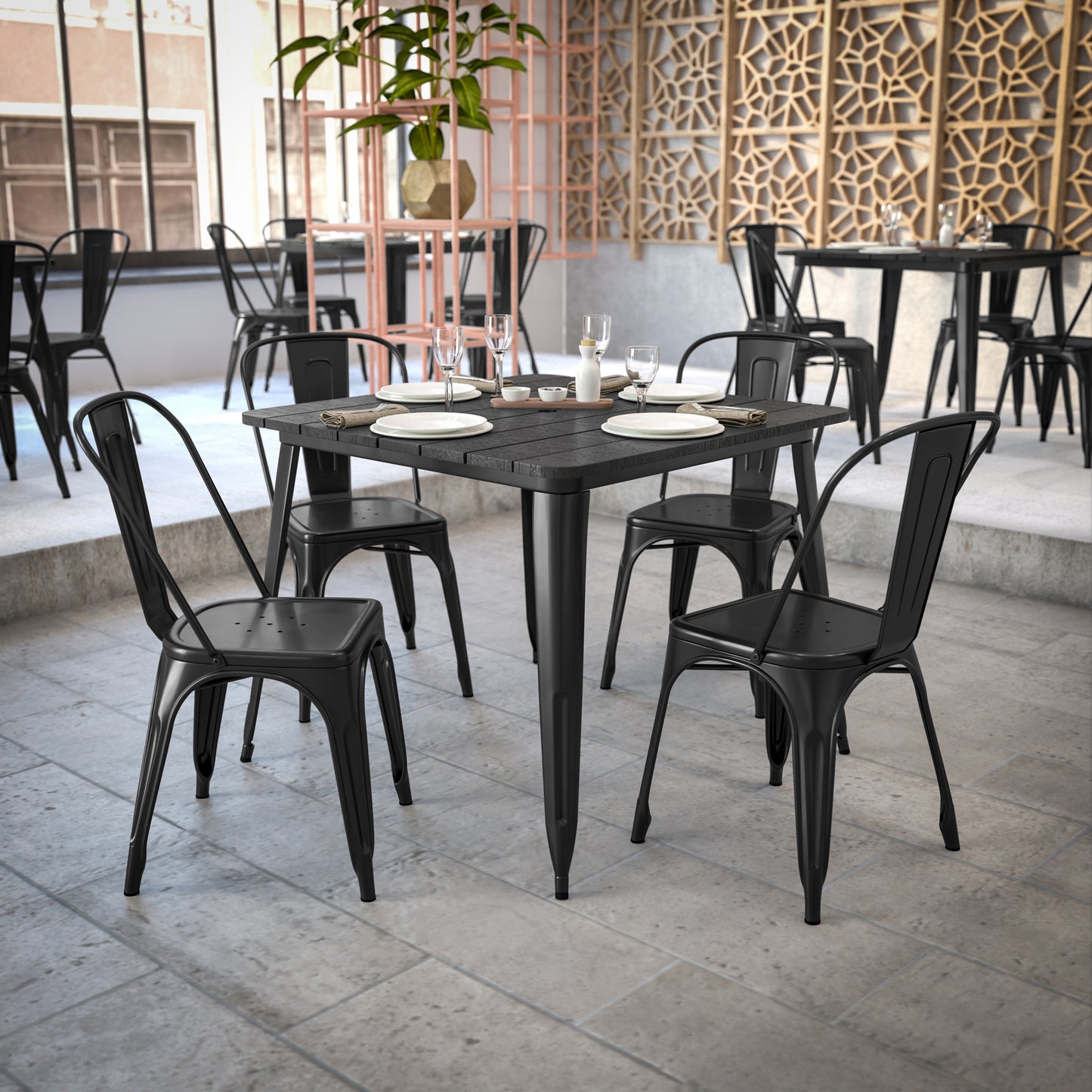 Declan Commercial Indoor/Outdoor Dining Table with Umbrella Hole, 36" Square All Weather Black Poly Resin Top and Black Steel Base Black Top/Black Frame JJ-T14619-90-BKBK-GG