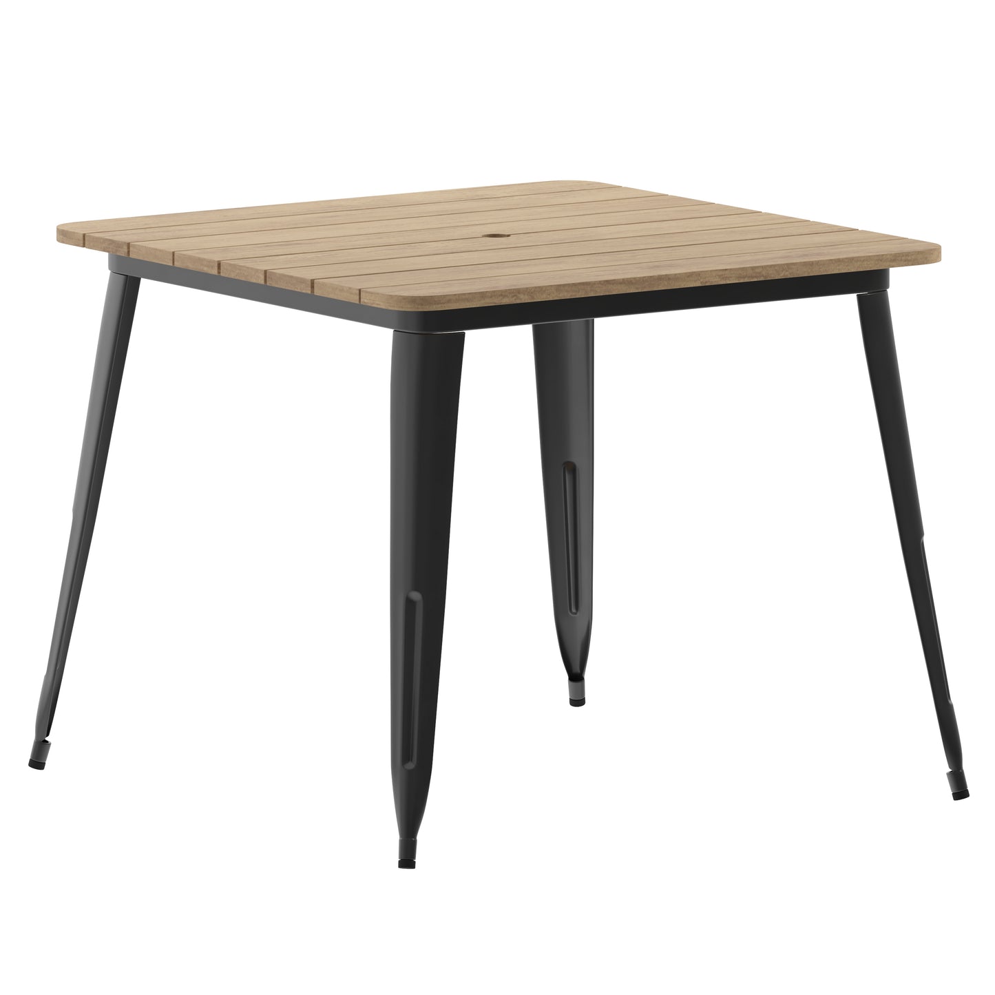 Declan Commercial Indoor/Outdoor Dining Table with Umbrella Hole, 36" Square All Weather Brown Poly Resin Top and Black Steel Base Brown Top/Black Frame