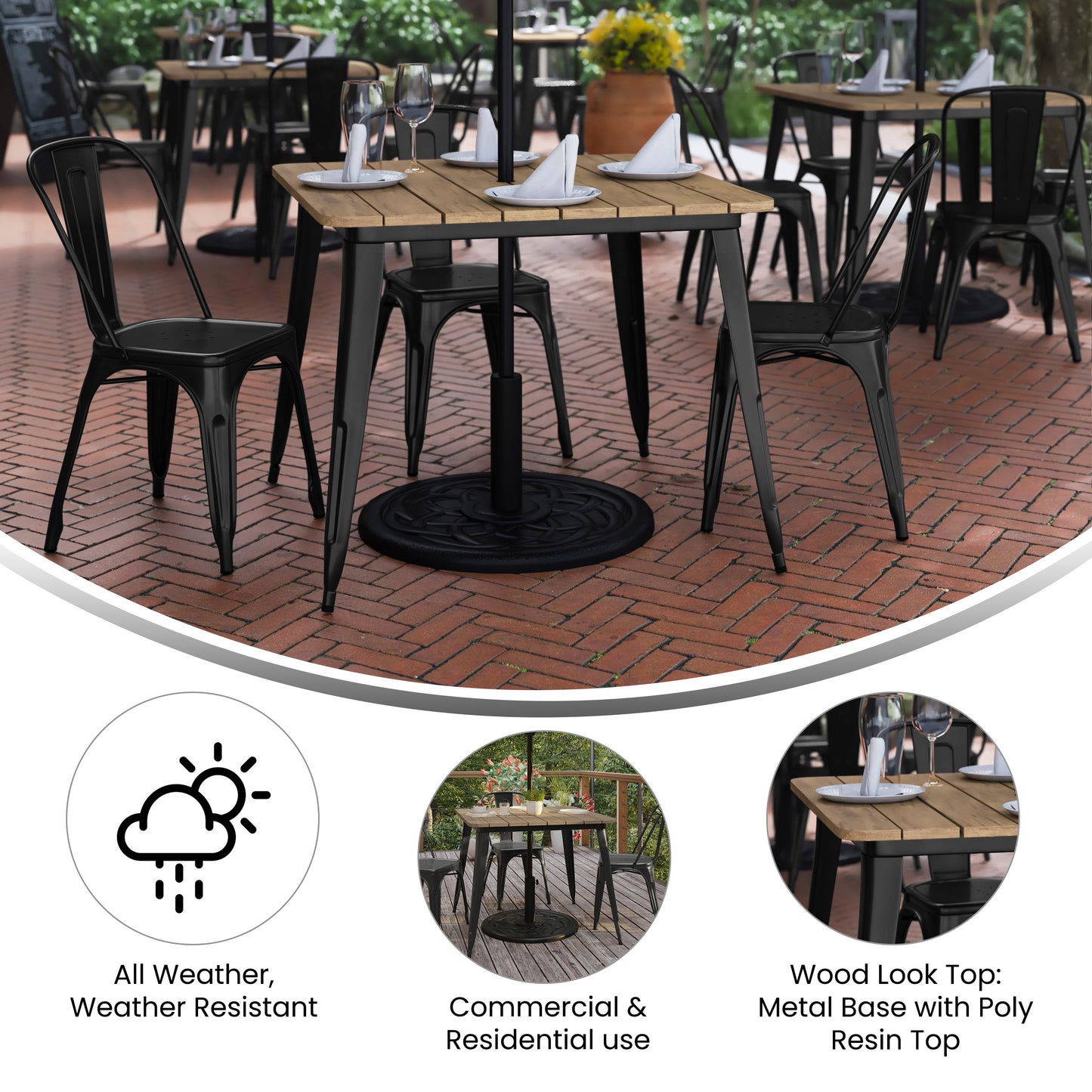 Declan Commercial Indoor/Outdoor Dining Table with Umbrella Hole, 36" Square All Weather Brown Poly Resin Top and Black Steel Base Brown Top/Black Frame