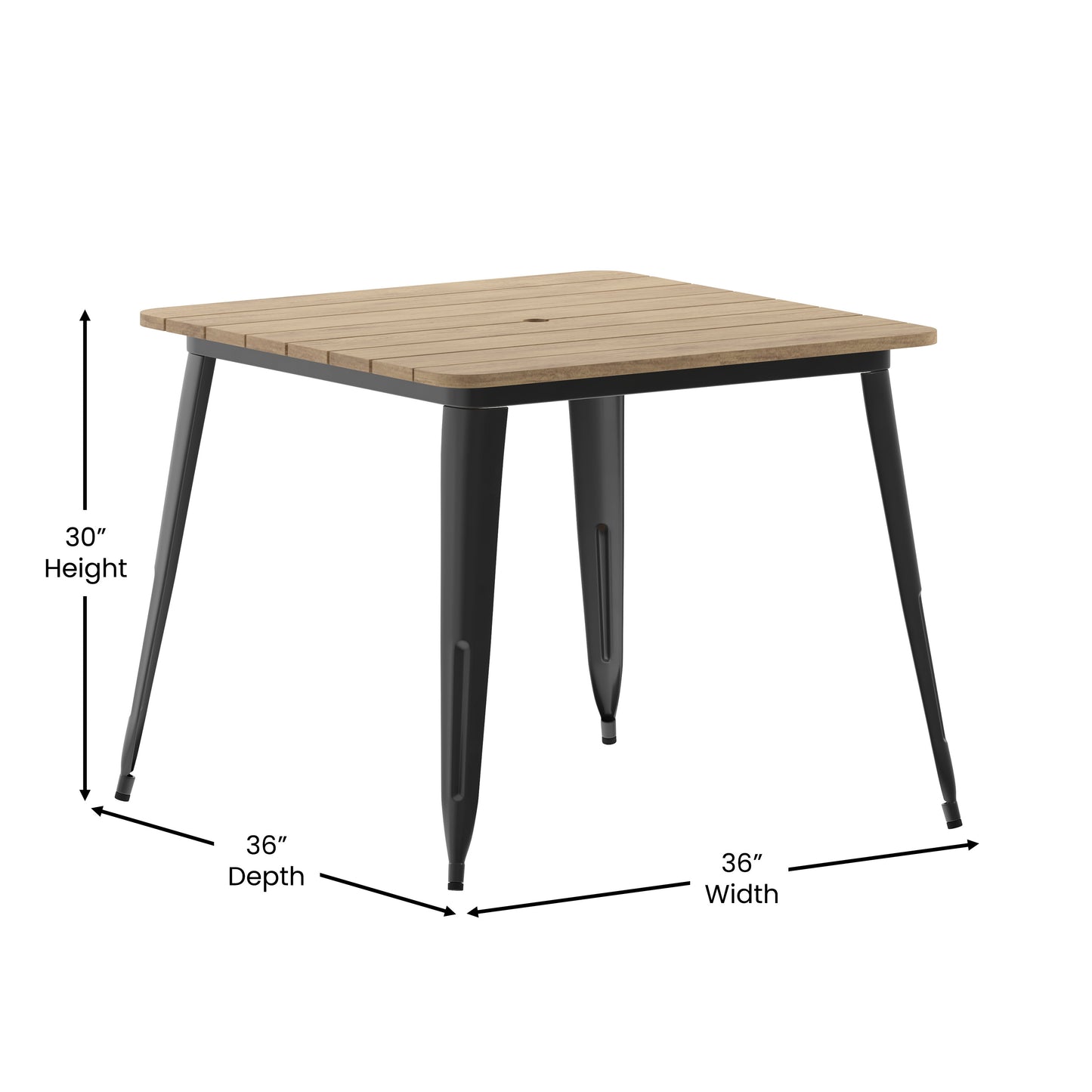 Declan Commercial Indoor/Outdoor Dining Table with Umbrella Hole, 36" Square All Weather Brown Poly Resin Top and Black Steel Base Brown Top/Black Frame