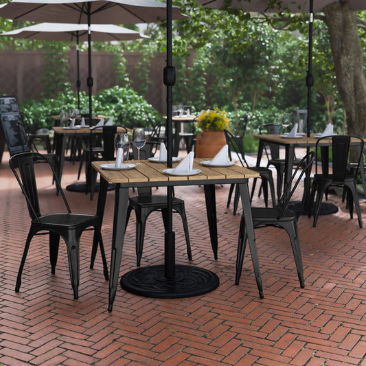 Declan Commercial Indoor/Outdoor Dining Table with Umbrella Hole, 36" Square All Weather Brown Poly Resin Top and Black Steel Base Brown Top/Black Frame JJ-T14619-90-BRBK-GG