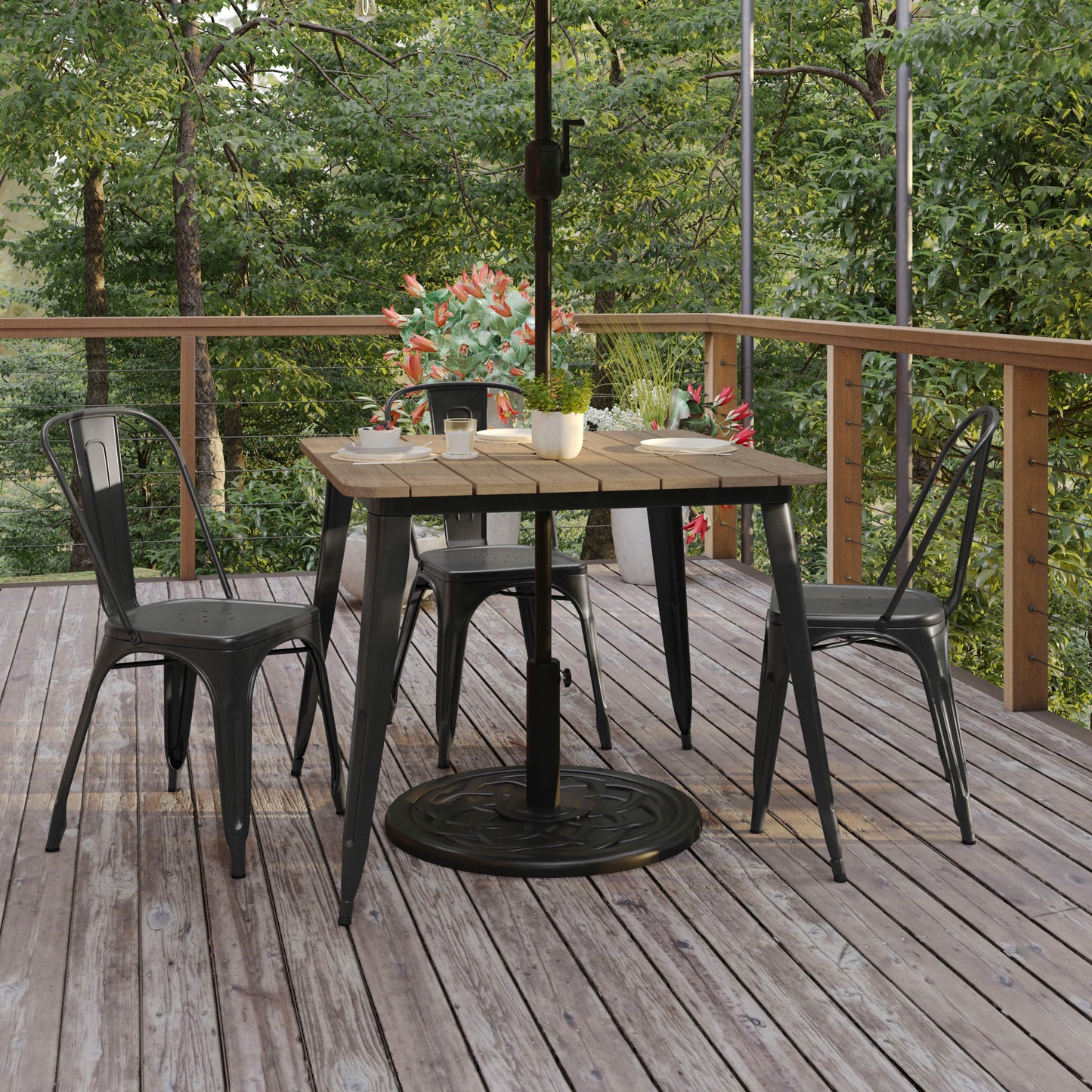 Declan Commercial Indoor/Outdoor Dining Table with Umbrella Hole, 36" Square All Weather Brown Poly Resin Top and Black Steel Base Brown Top/Black Frame