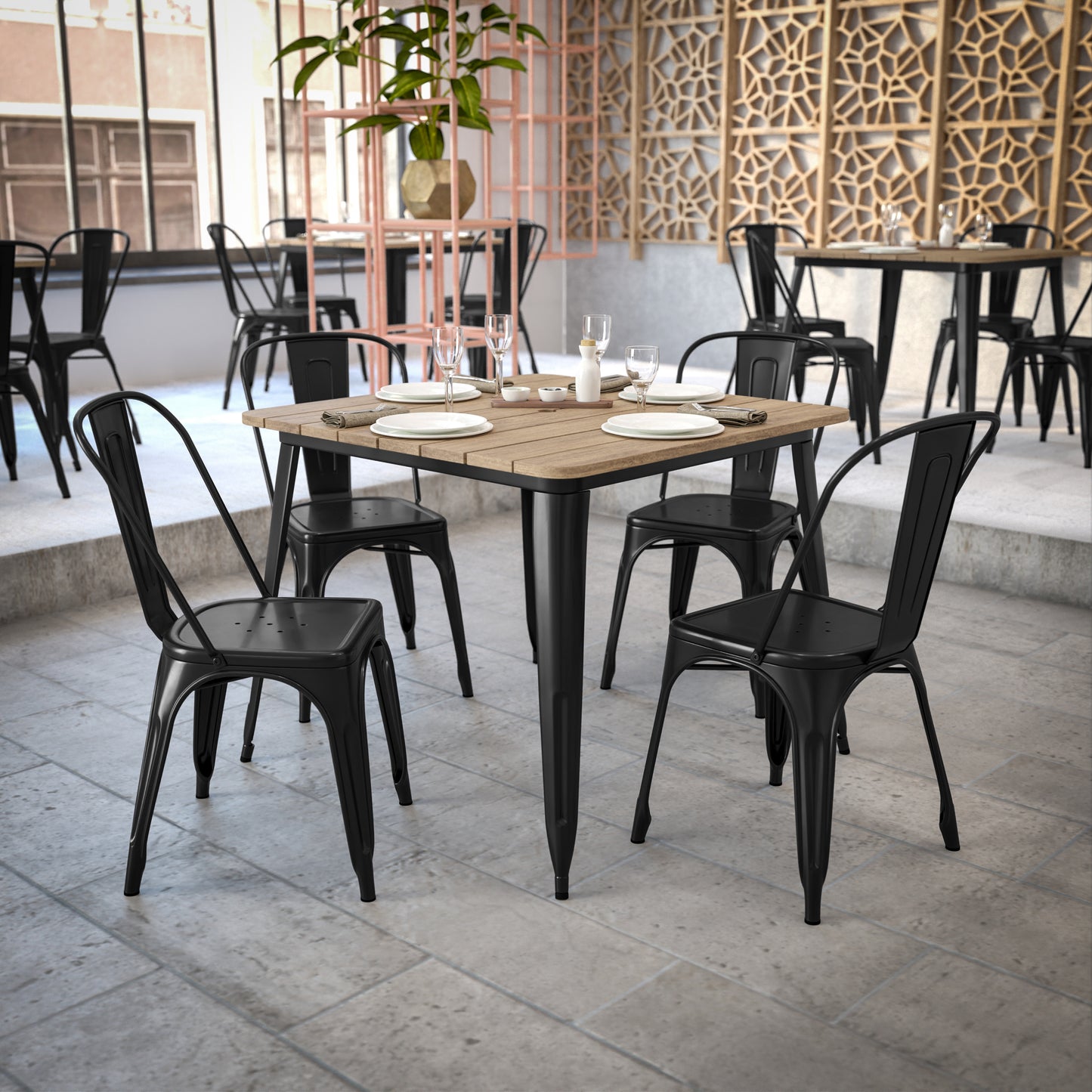 Declan Commercial Indoor/Outdoor Dining Table with Umbrella Hole, 36" Square All Weather Brown Poly Resin Top and Black Steel Base Brown Top/Black Frame