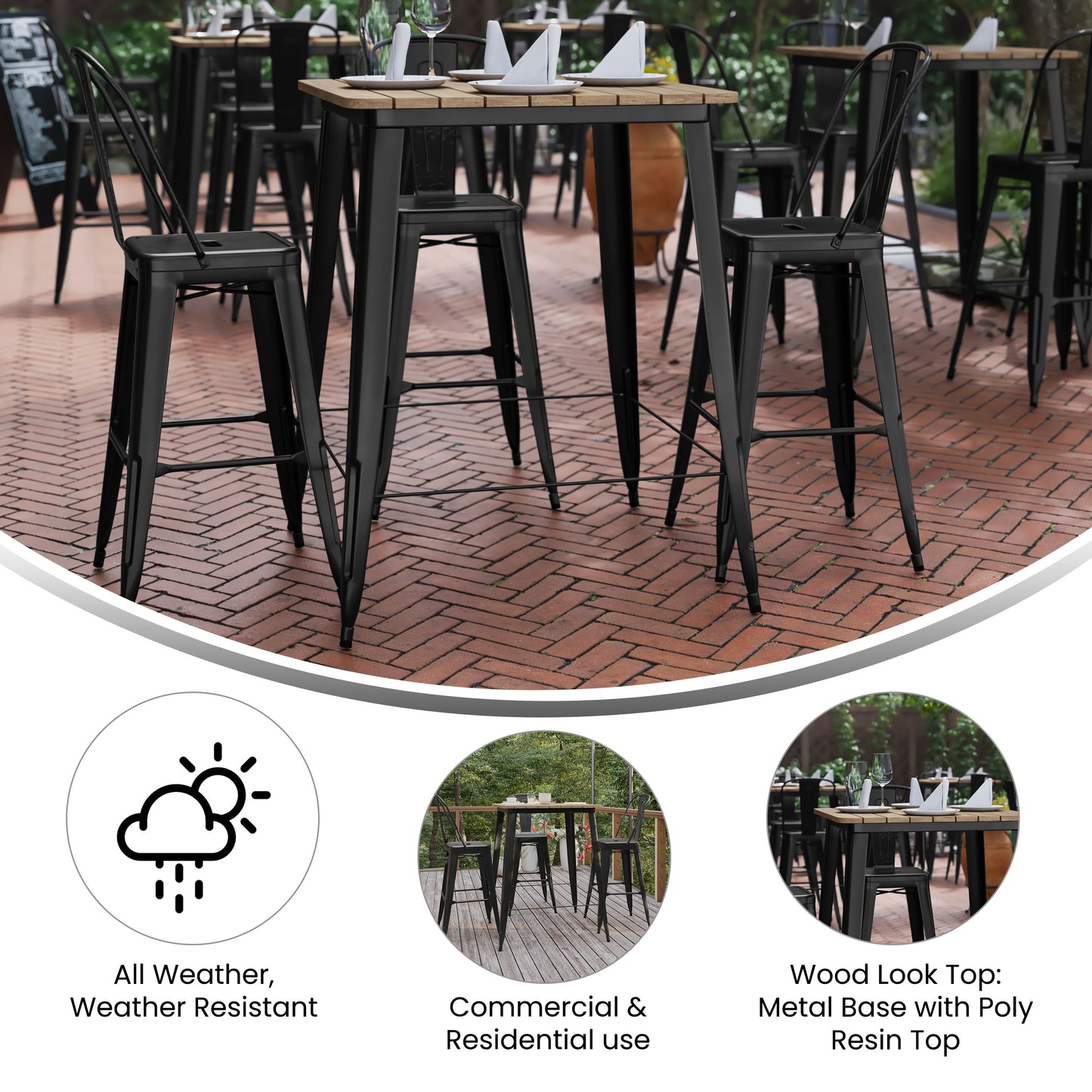 Declan Commercial Indoor/Outdoor Bar Top Table, 31.5" Square All Weather Brown Poly Resin Top with Black Steel base Brown Top/Black Frame