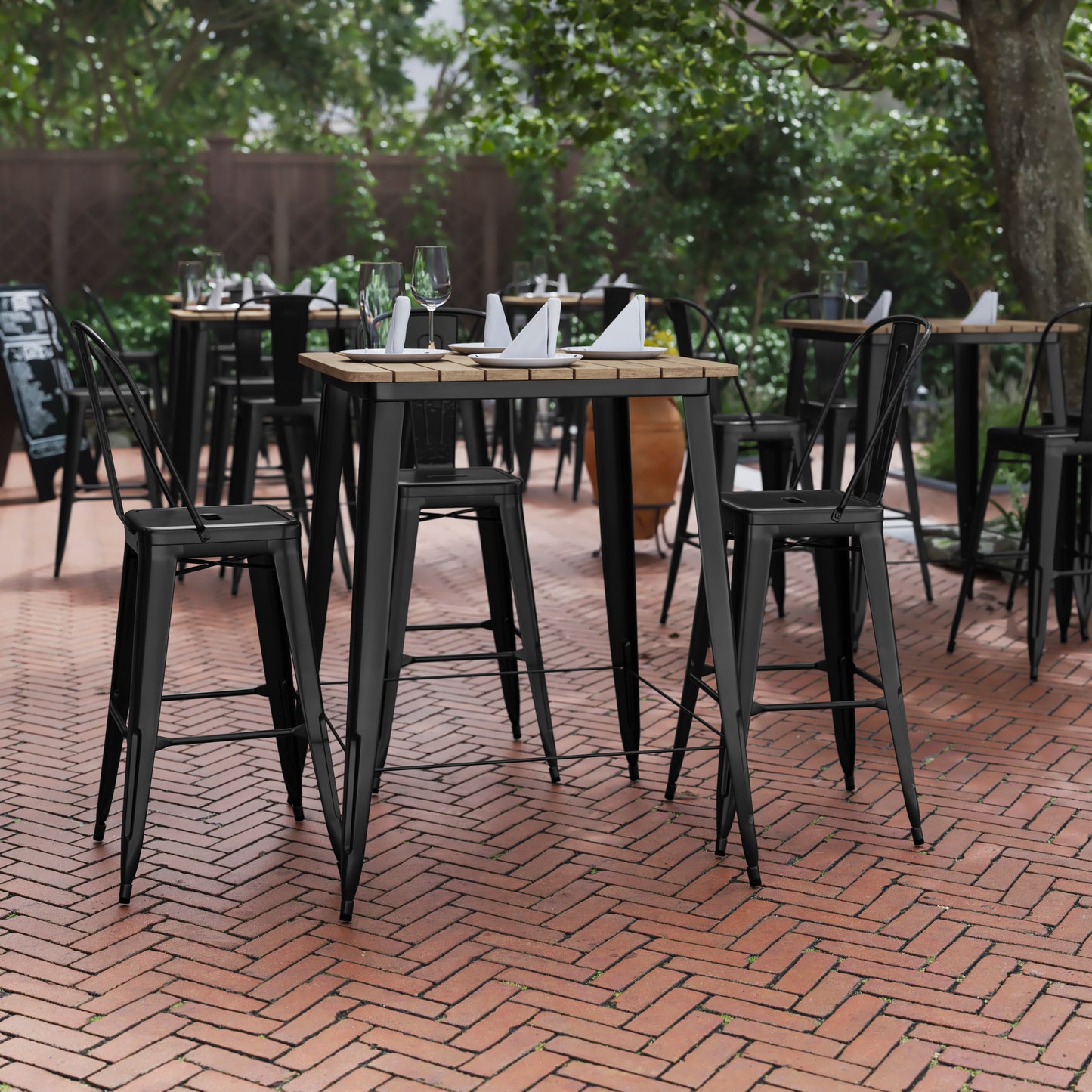 Declan Commercial Indoor/Outdoor Bar Top Table, 31.5" Square All Weather Brown Poly Resin Top with Black Steel base Brown Top/Black Frame