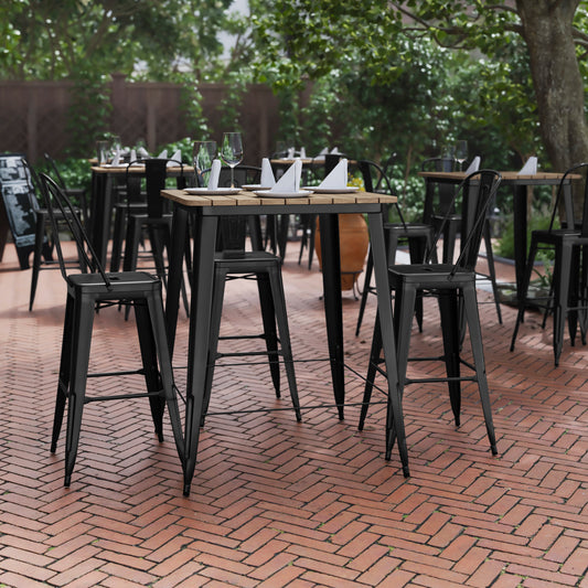 Declan Commercial Indoor/Outdoor Bar Top Table, 31.5" Square All Weather Brown Poly Resin Top with Black Steel base Brown Top/Black Frame