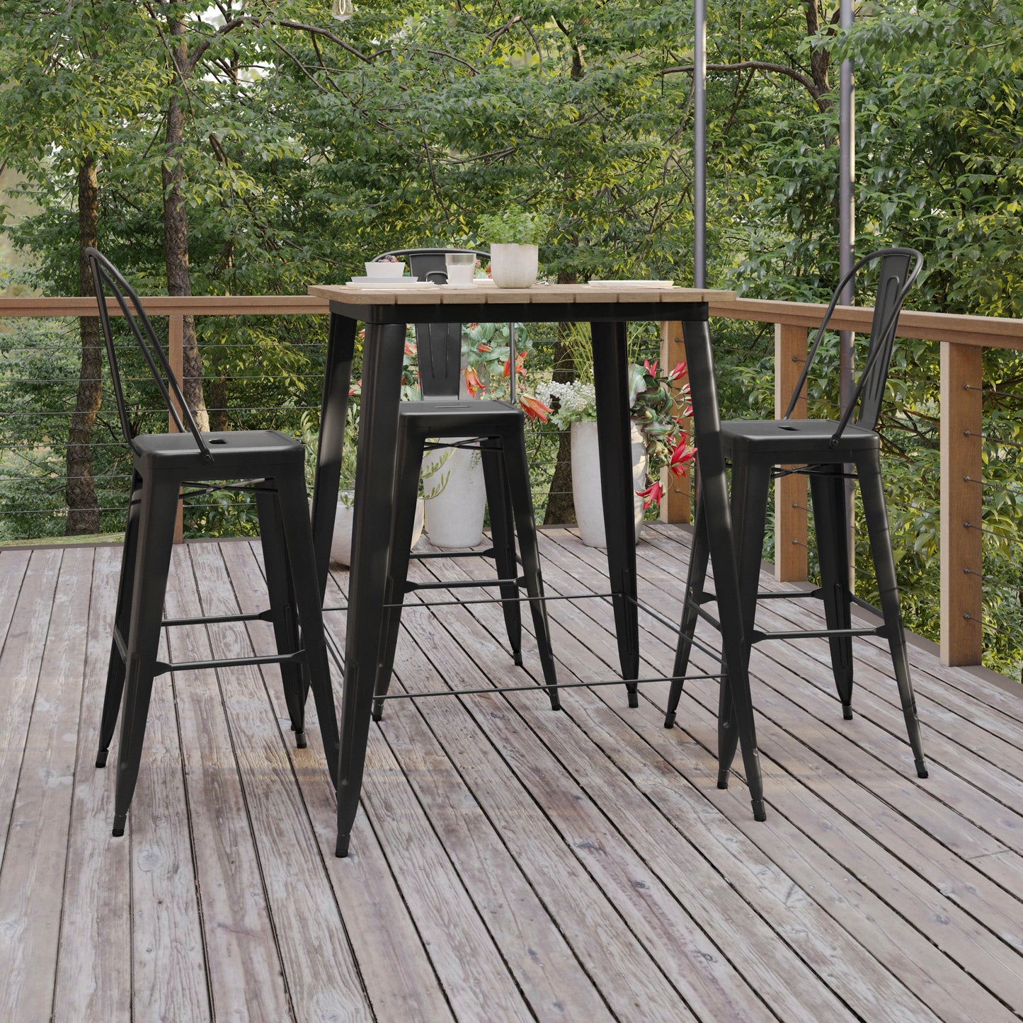 Declan Commercial Indoor/Outdoor Bar Top Table, 31.5" Square All Weather Brown Poly Resin Top with Black Steel base Brown Top/Black Frame