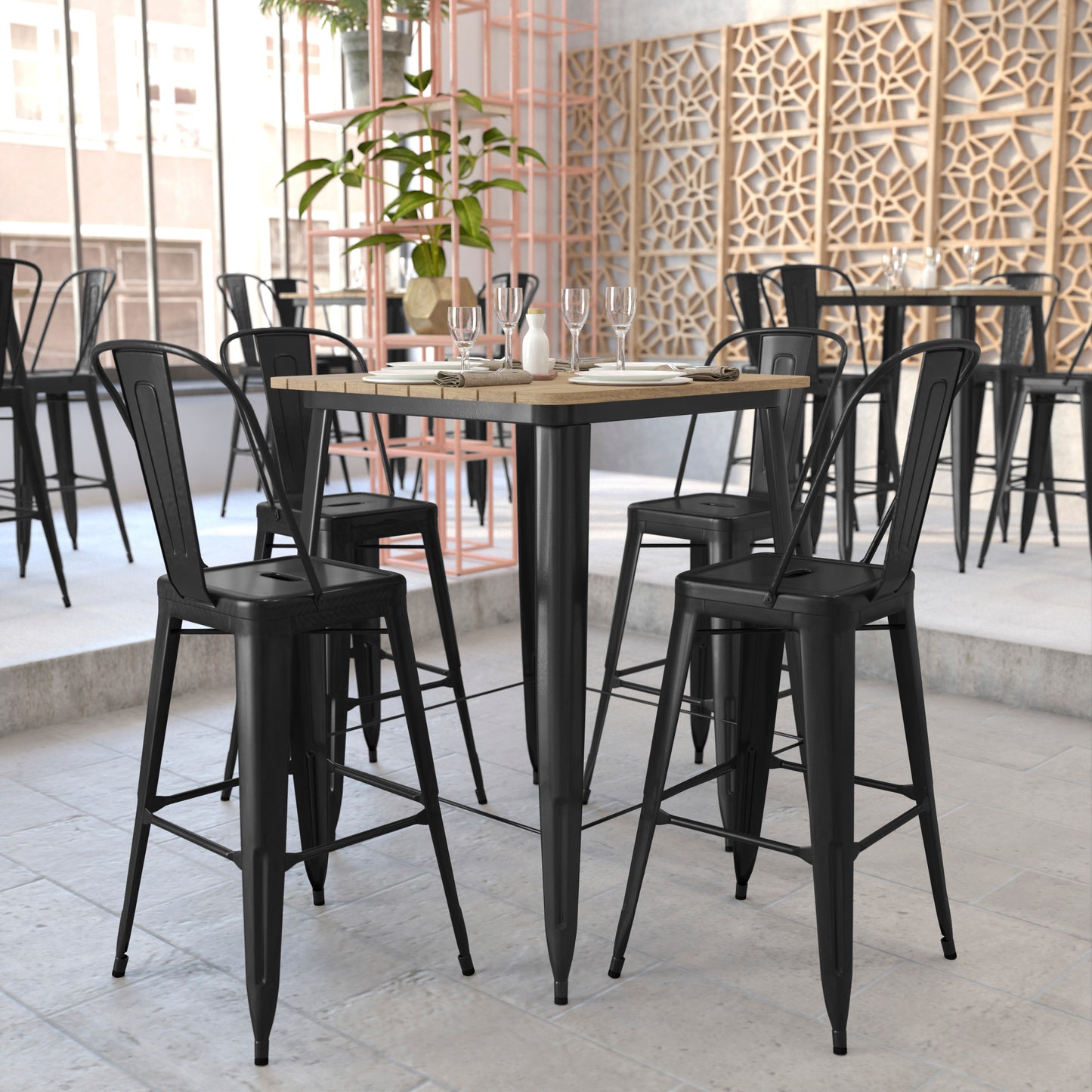 Declan Commercial Indoor/Outdoor Bar Top Table, 31.5" Square All Weather Brown Poly Resin Top with Black Steel base Brown Top/Black Frame