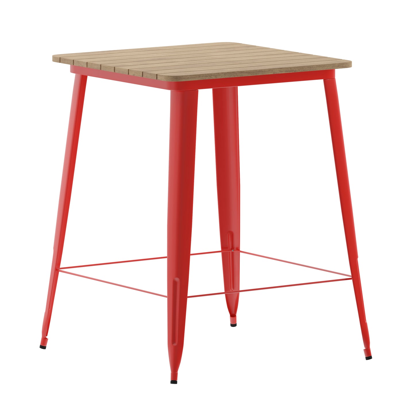 Declan Commercial Indoor/Outdoor Bar Top Table, 31.5" Square All Weather Brown Poly Resin Top with Red Steel base Brown Top/Red Frame