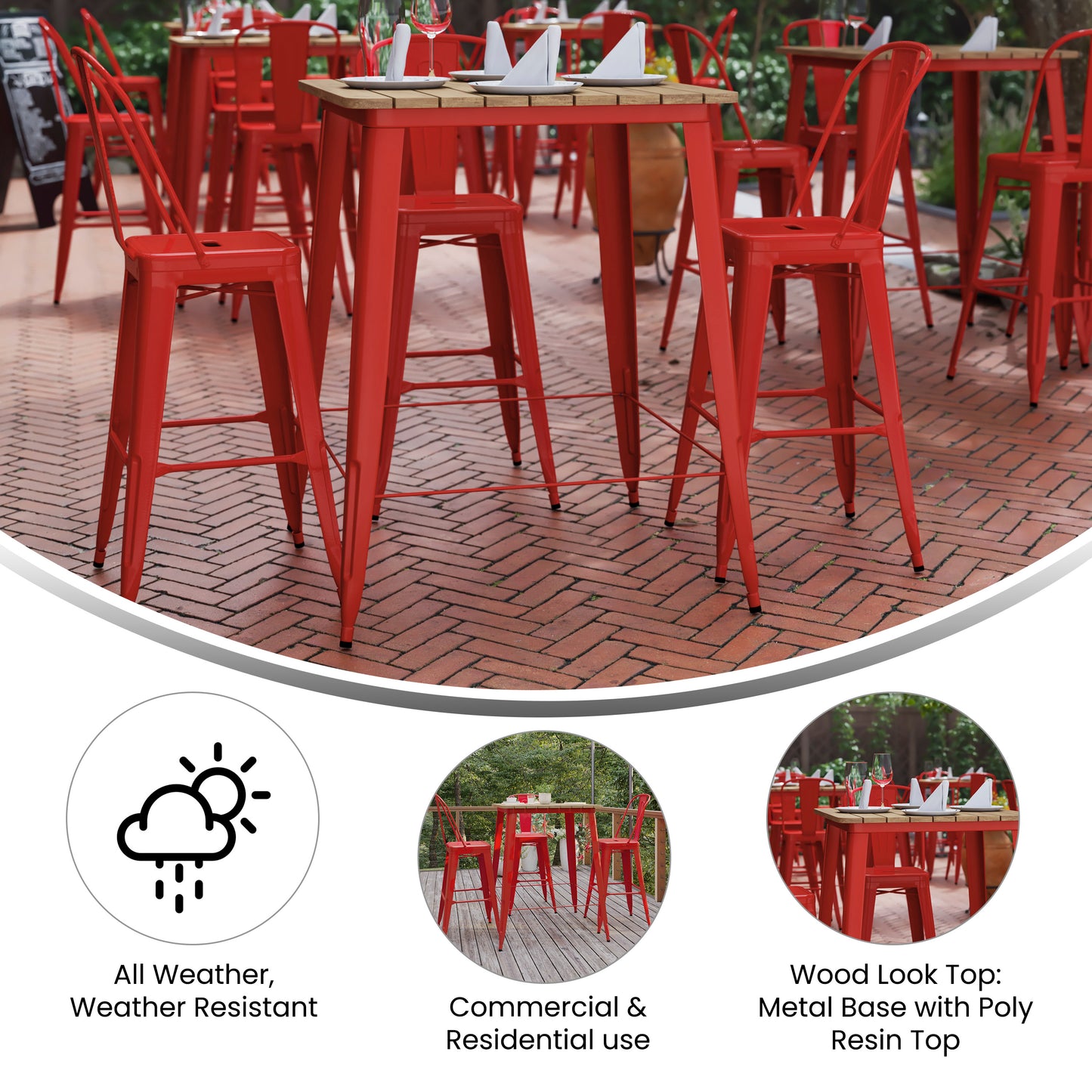 Declan Commercial Indoor/Outdoor Bar Top Table, 31.5" Square All Weather Brown Poly Resin Top with Red Steel base Brown Top/Red Frame