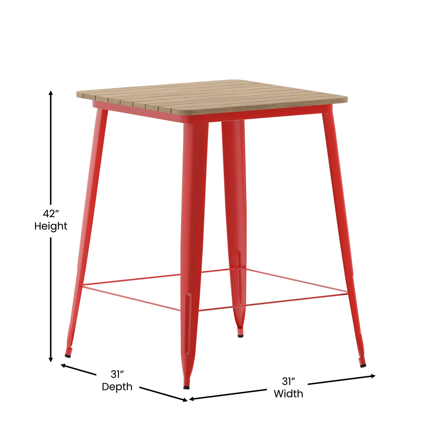 Declan Commercial Indoor/Outdoor Bar Top Table, 31.5" Square All Weather Brown Poly Resin Top with Red Steel base Brown Top/Red Frame