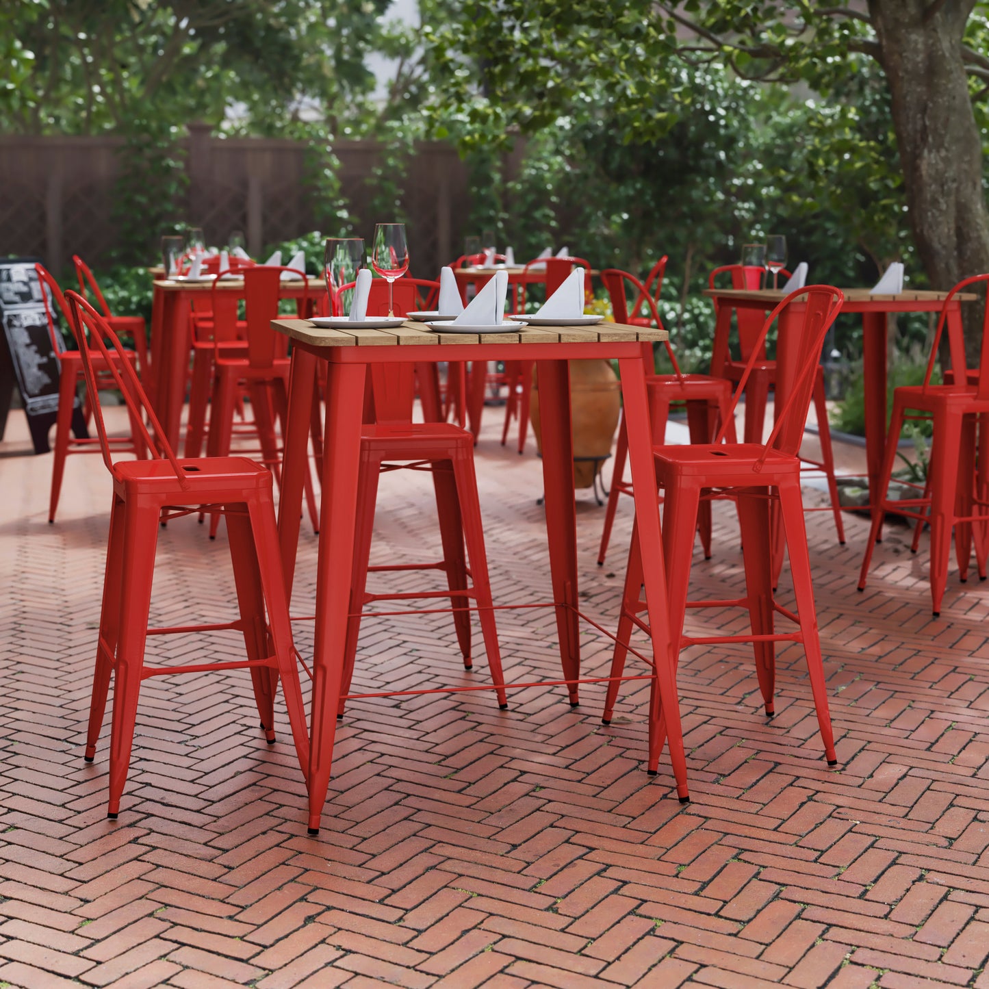 Declan Commercial Indoor/Outdoor Bar Top Table, 31.5" Square All Weather Brown Poly Resin Top with Red Steel base Brown Top/Red Frame