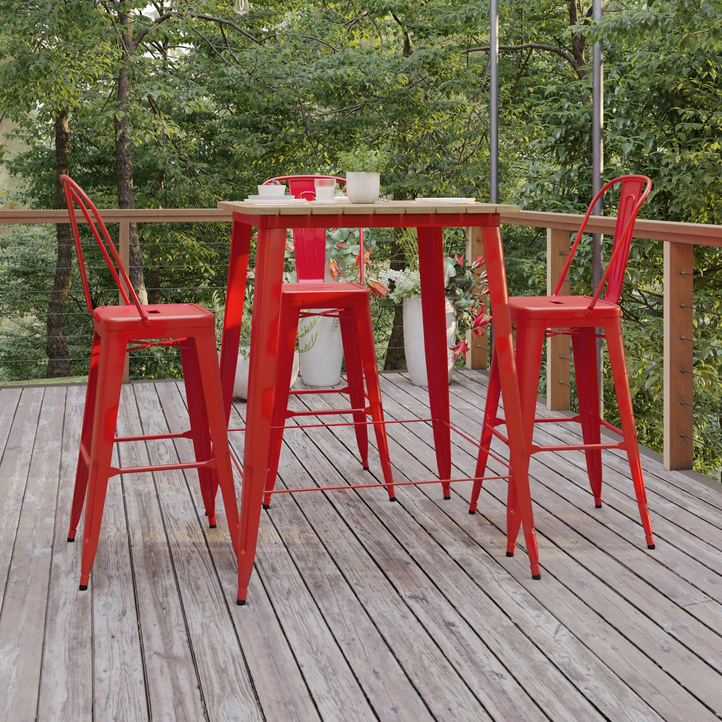 Declan Commercial Indoor/Outdoor Bar Top Table, 31.5" Square All Weather Brown Poly Resin Top with Red Steel base Brown Top/Red Frame