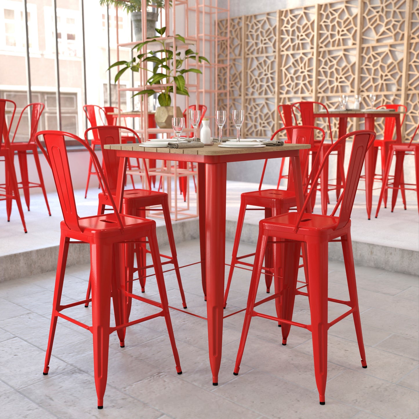 Declan Commercial Indoor/Outdoor Bar Top Table, 31.5" Square All Weather Brown Poly Resin Top with Red Steel base Brown Top/Red Frame