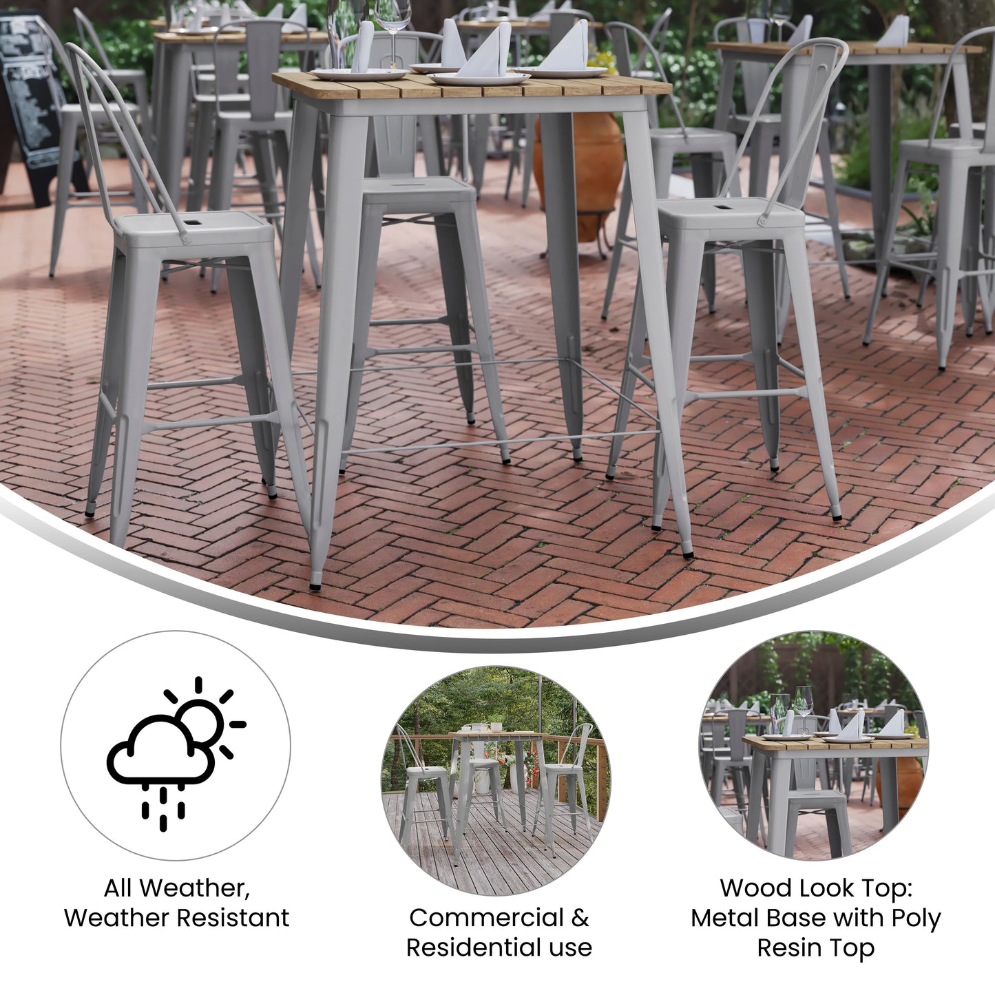 Declan Commercial Indoor/Outdoor Bar Top Table, 31.5" Square All Weather Brown Poly Resin Top with Silver Steel base Brown Top/Silver Frame
