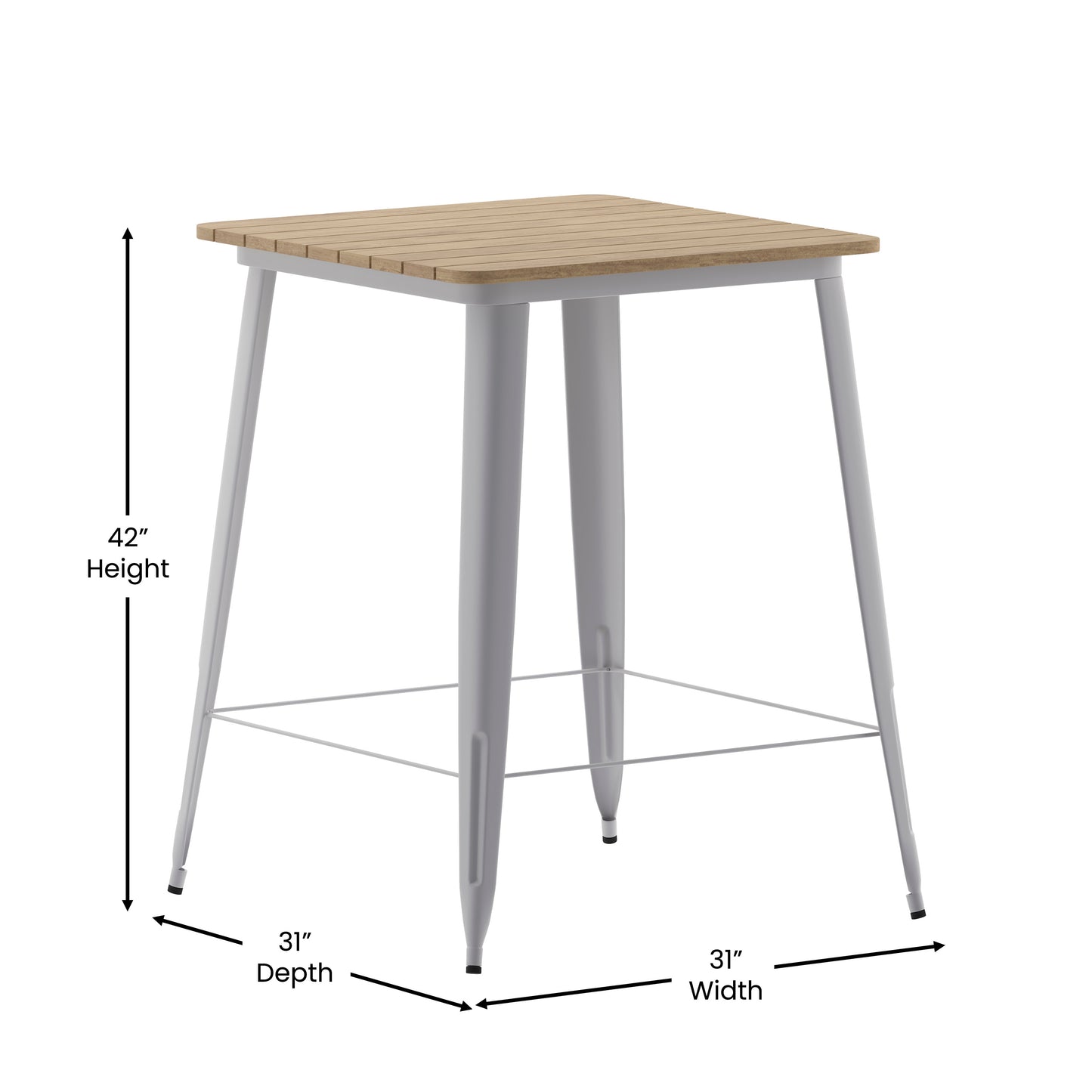 Declan Commercial Indoor/Outdoor Bar Top Table, 31.5" Square All Weather Brown Poly Resin Top with Silver Steel base Brown Top/Silver Frame
