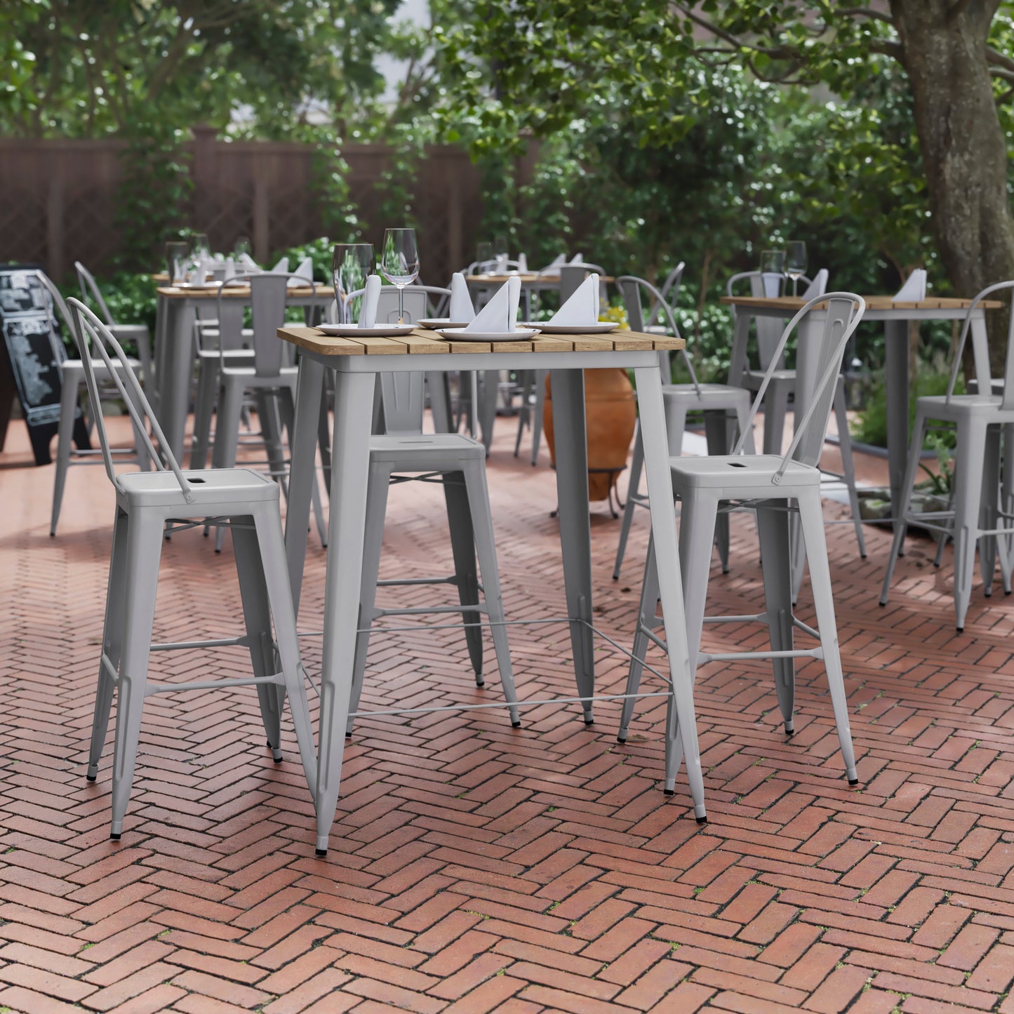 Declan Commercial Indoor/Outdoor Bar Top Table, 31.5" Square All Weather Brown Poly Resin Top with Silver Steel base Brown Top/Silver Frame