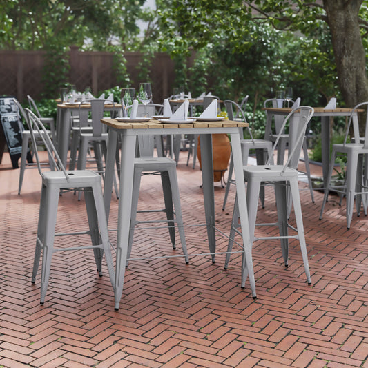 Declan Commercial Indoor/Outdoor Bar Top Table, 31.5" Square All Weather Brown Poly Resin Top with Silver Steel base Brown Top/Silver Frame