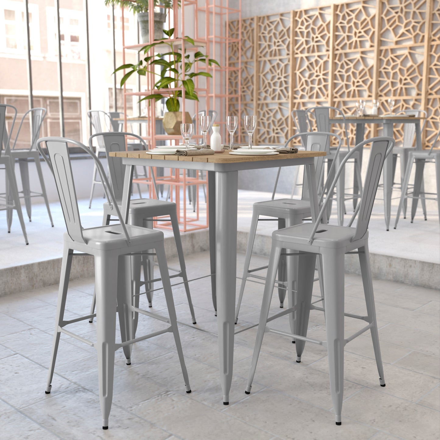Declan Commercial Indoor/Outdoor Bar Top Table, 31.5" Square All Weather Brown Poly Resin Top with Silver Steel base Brown Top/Silver Frame
