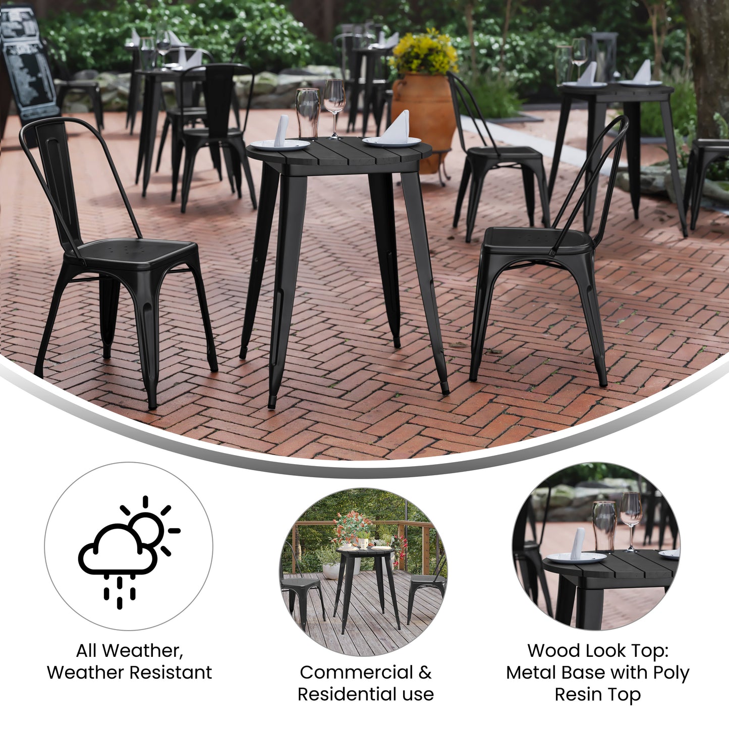 Declan Commercial Grade Indoor/Outdoor Dining Table, 23.75" Round All Weather Black Poly Resin Top with Black Steel Base Black Top/Black Frame