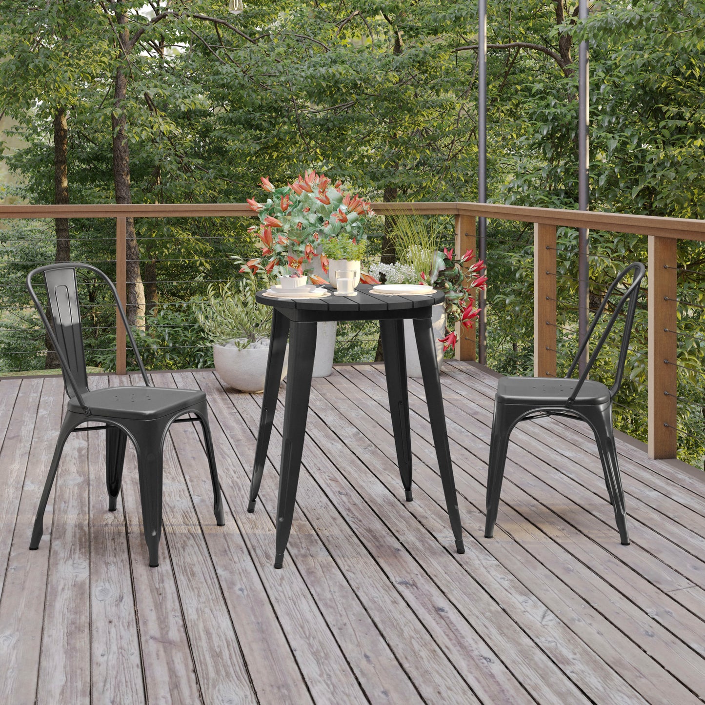 Declan Commercial Grade Indoor/Outdoor Dining Table, 23.75" Round All Weather Black Poly Resin Top with Black Steel Base Black Top/Black Frame
