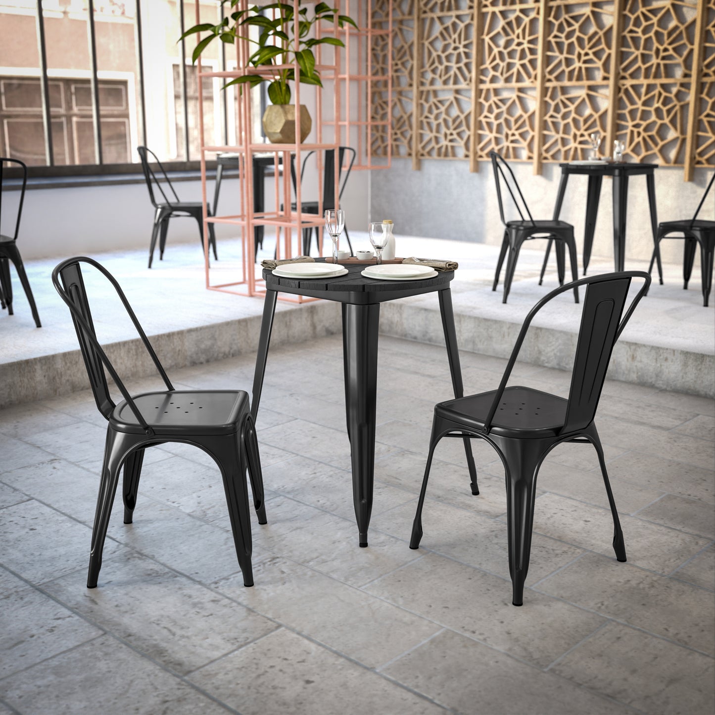 Declan Commercial Grade Indoor/Outdoor Dining Table, 23.75" Round All Weather Black Poly Resin Top with Black Steel Base Black Top/Black Frame