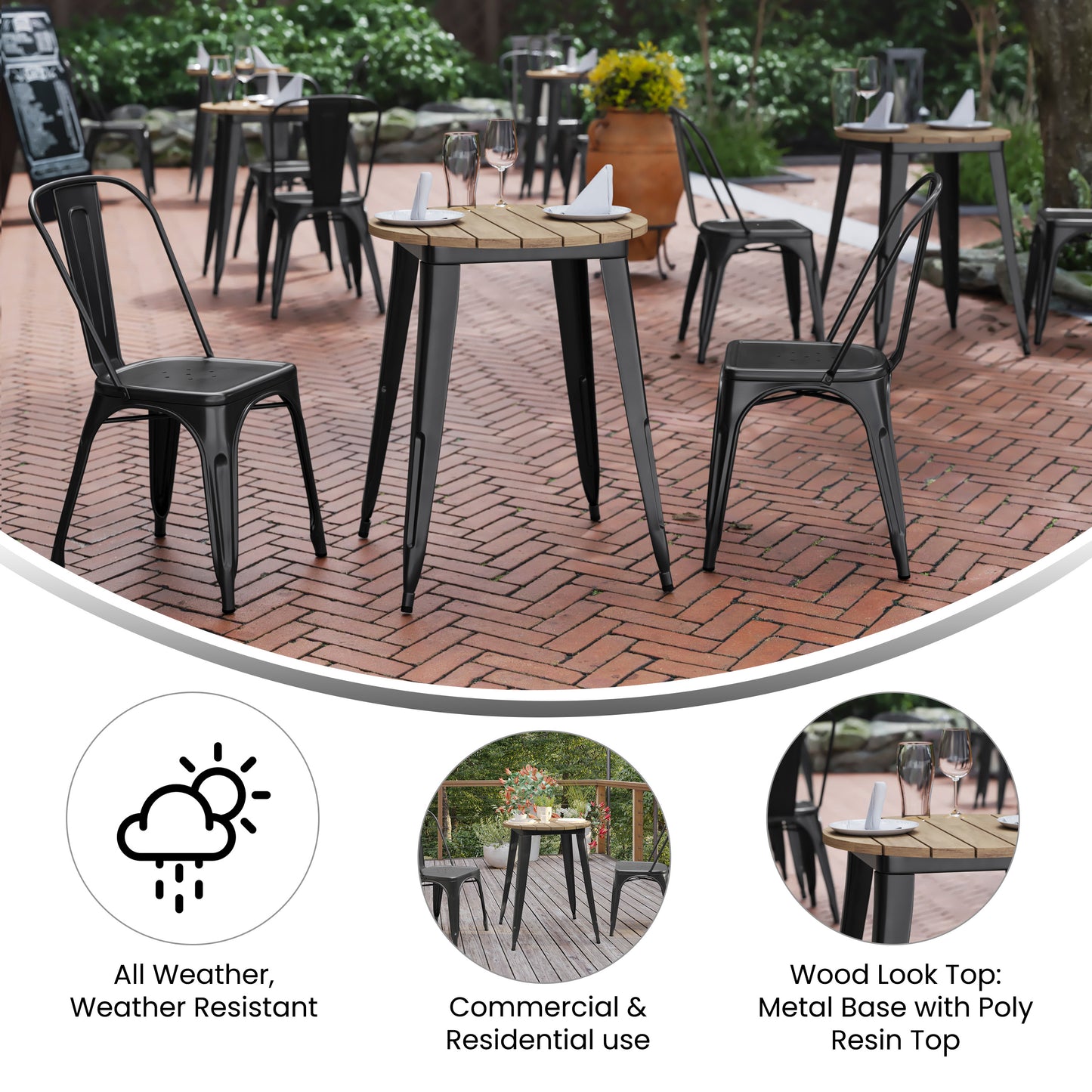Declan Commercial Grade Indoor/Outdoor Dining Table, 23.75" Round All Weather Brown Poly Resin Top with Black Steel Base Brown Top/Black Frame