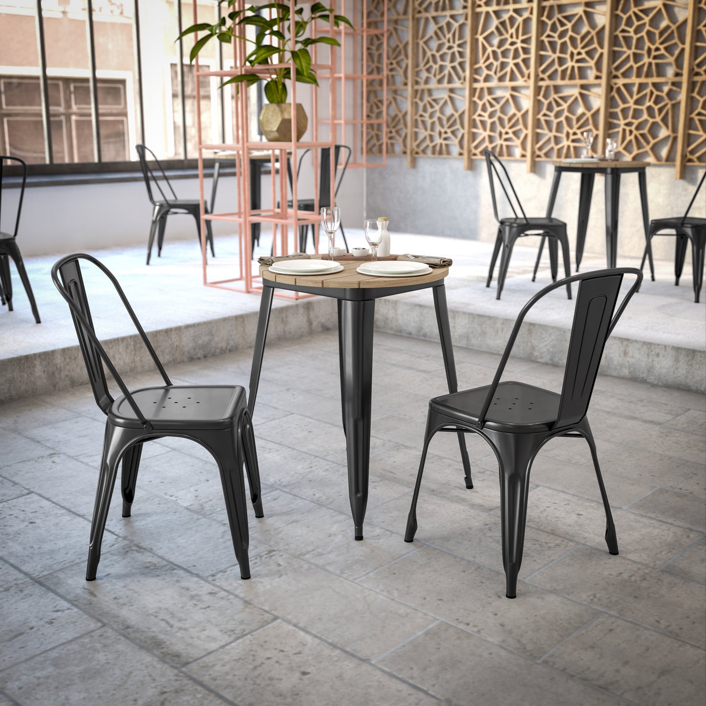 Declan Commercial Grade Indoor/Outdoor Dining Table, 23.75" Round All Weather Brown Poly Resin Top with Black Steel Base Brown Top/Black Frame