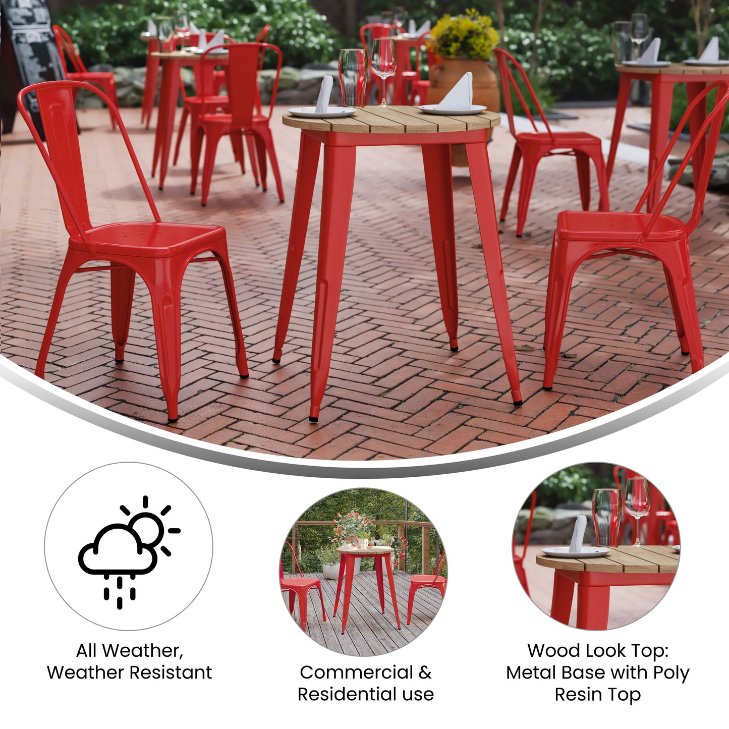 Declan Commercial Grade Indoor/Outdoor Dining Table, 23.75" Round All Weather Brown Poly Resin Top with Red Steel Base Brown Top/Red Frame