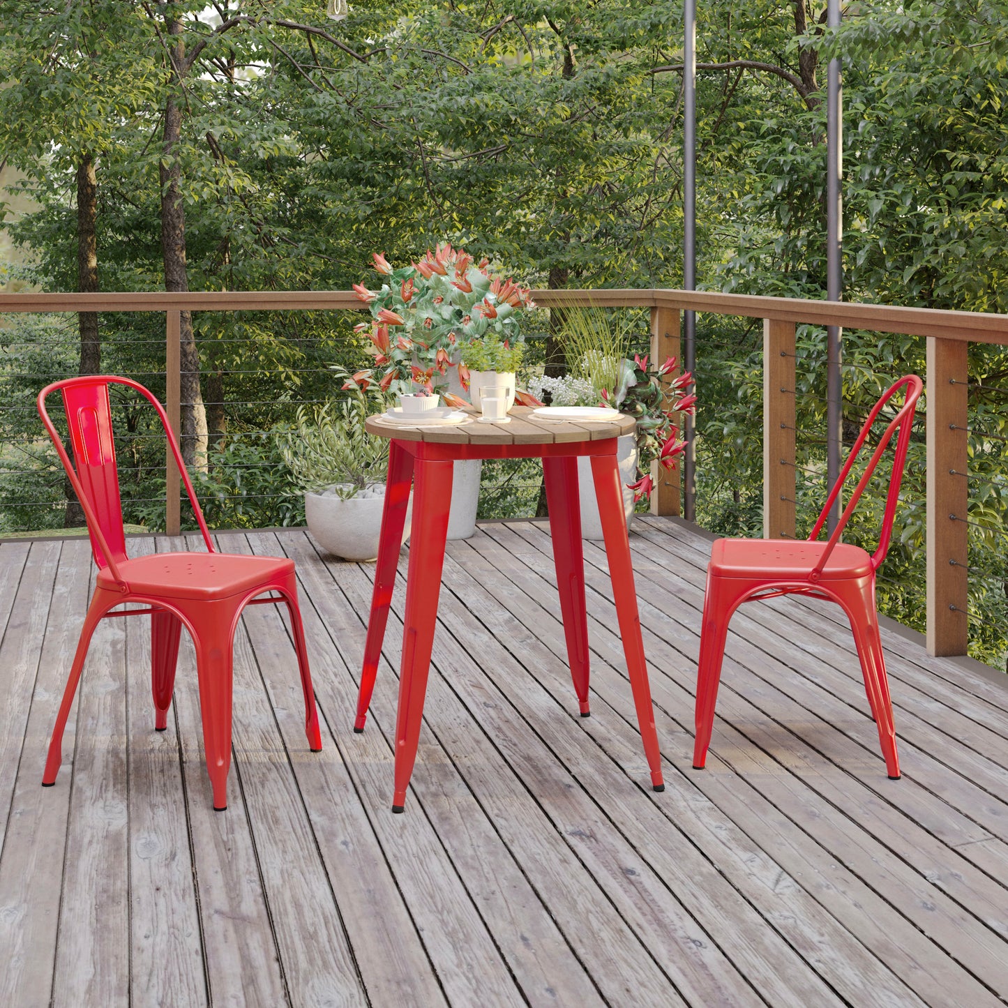 Declan Commercial Grade Indoor/Outdoor Dining Table, 23.75" Round All Weather Brown Poly Resin Top with Red Steel Base Brown Top/Red Frame