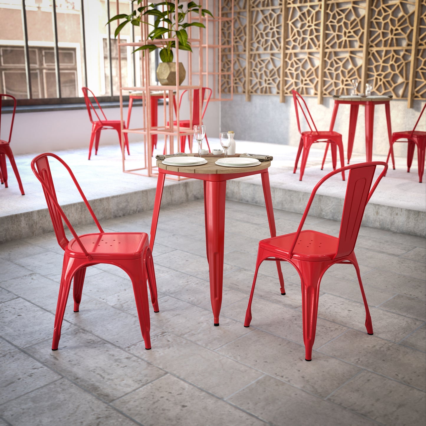 Declan Commercial Grade Indoor/Outdoor Dining Table, 23.75" Round All Weather Brown Poly Resin Top with Red Steel Base Brown Top/Red Frame