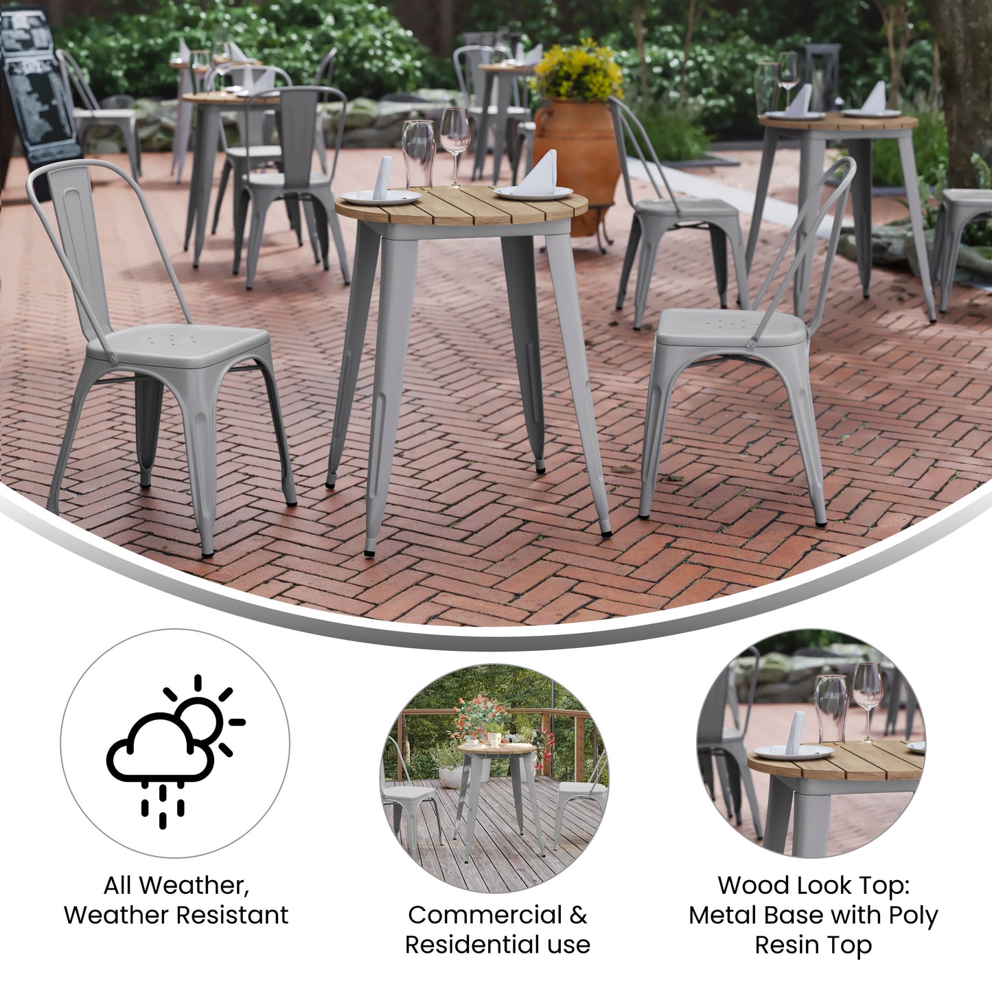 Declan Commercial Grade Indoor/Outdoor Dining Table, 23.75" Round All Weather Brown Poly Resin Top with Silver Steel Base Brown Top/Silver Frame