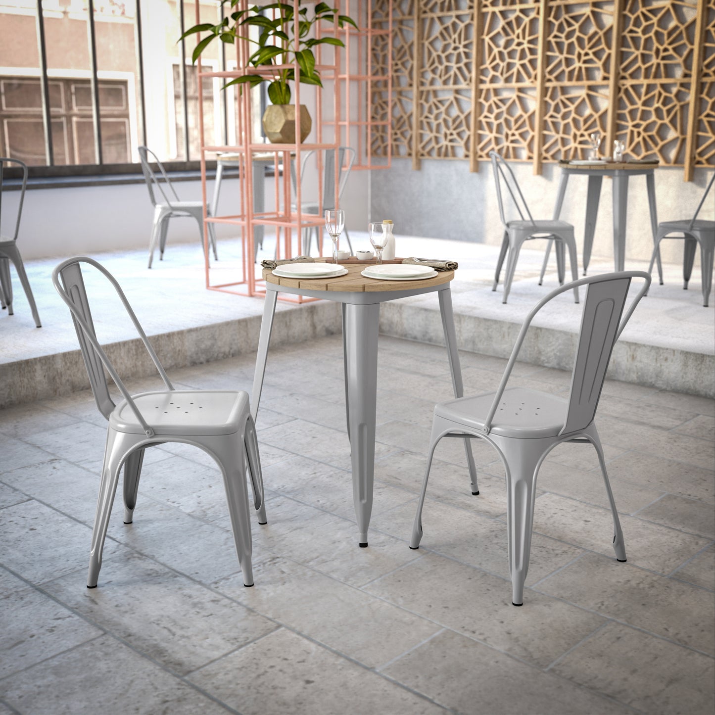Declan Commercial Grade Indoor/Outdoor Dining Table, 23.75" Round All Weather Brown Poly Resin Top with Silver Steel Base Brown Top/Silver Frame