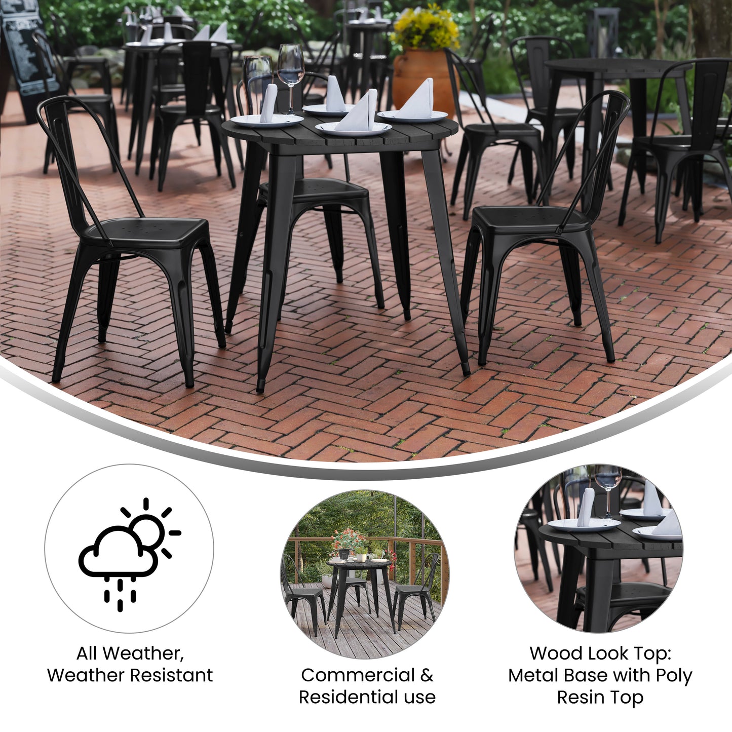 Declan Commercial Grade Indoor/Outdoor Dining Table, 30" Round All Weather Black Poly Resin Top with Black Steel Base Black Top/Black Frame