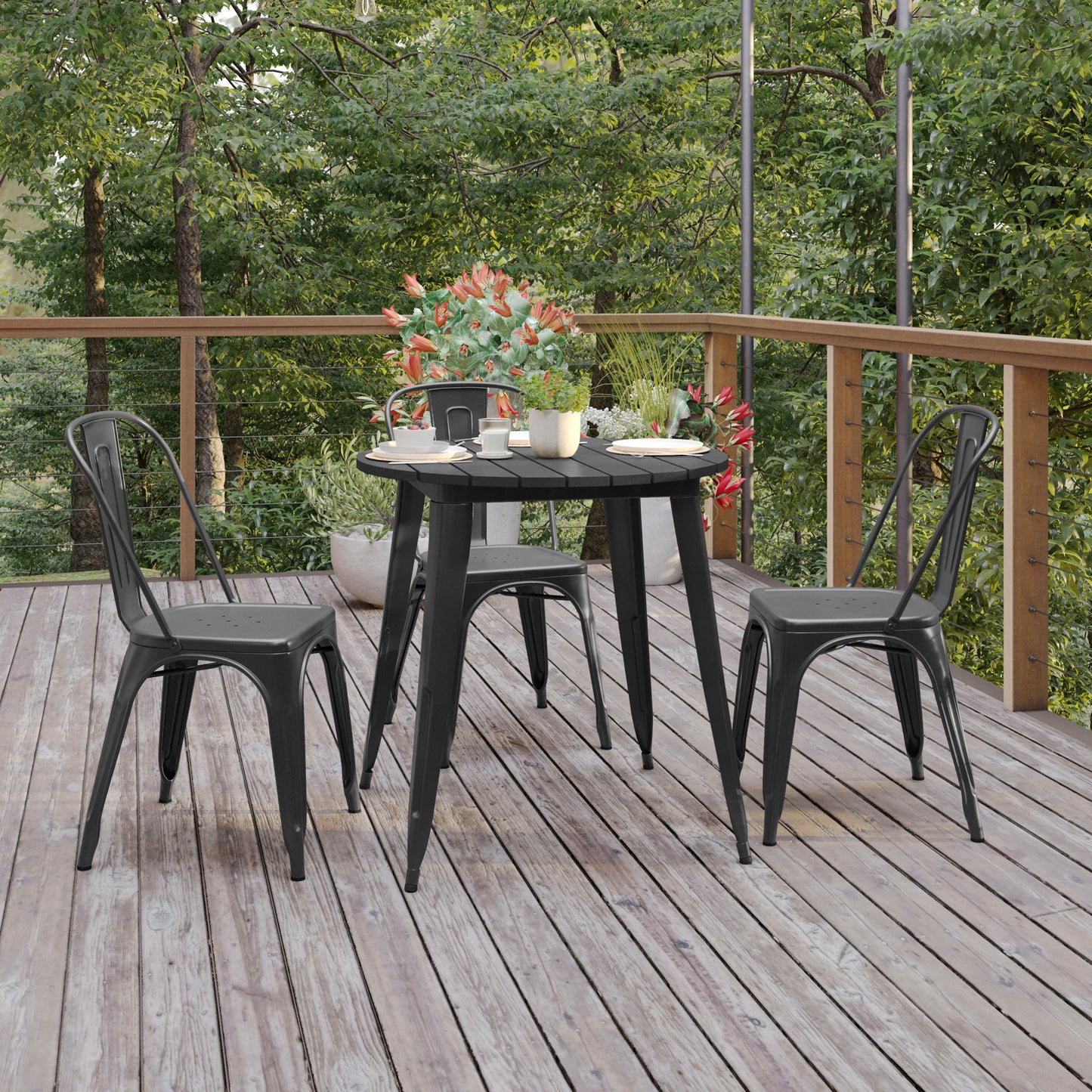 Declan Commercial Grade Indoor/Outdoor Dining Table, 30" Round All Weather Black Poly Resin Top with Black Steel Base Black Top/Black Frame